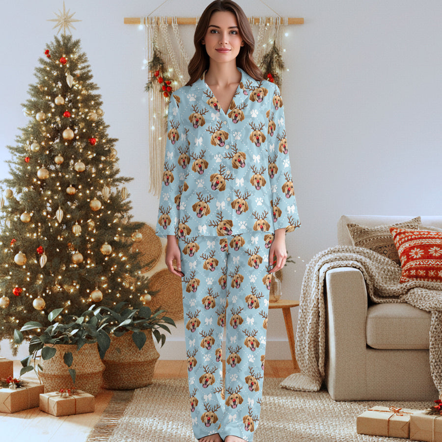 Custom Reindeer Pet Photo Pajama Pants – Personalized Dog Pattern Holiday Sleepwear