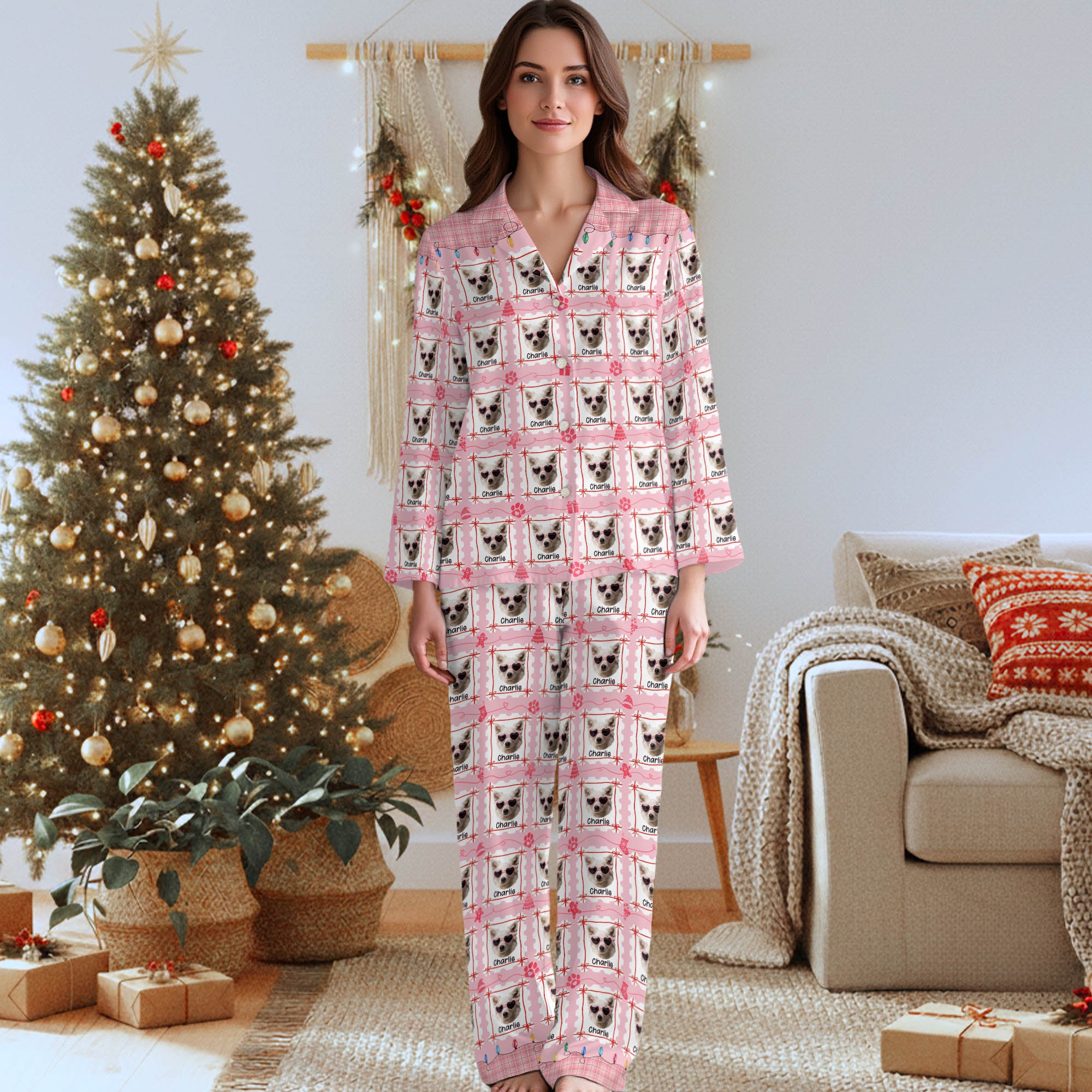 Custom Dog Mom Christmas Pajamas – Personalized Pet Face PJs for Women, Holiday Gift Sleepwear