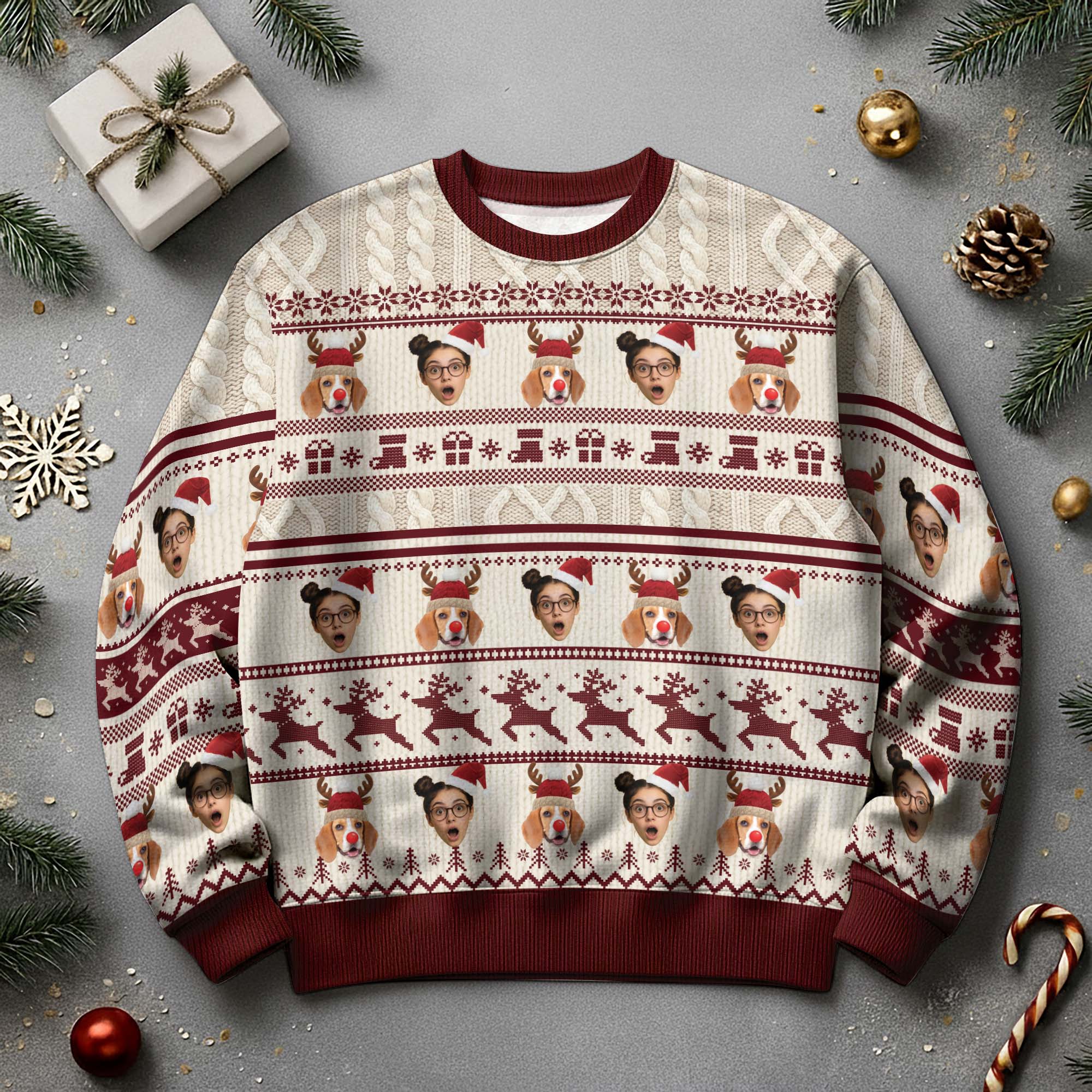 Custom Pet & Face Christmas Sweater – Personalized Ugly Xmas Sweatshirt Gift for Dog Mom