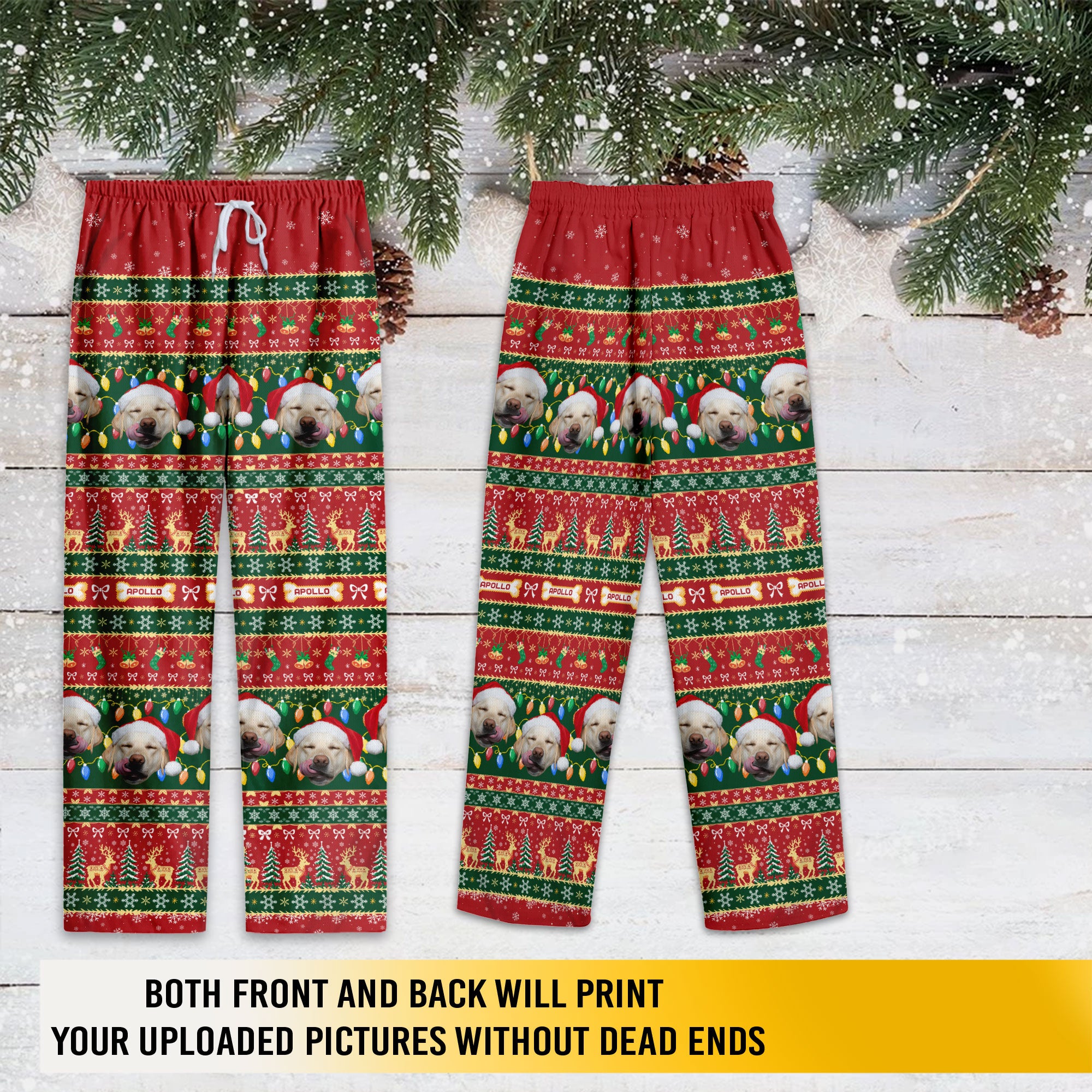 Custom Pet Christmas Lights Pajama Pants – Personalized Dog Photo & Name Holiday Lounge Bottoms