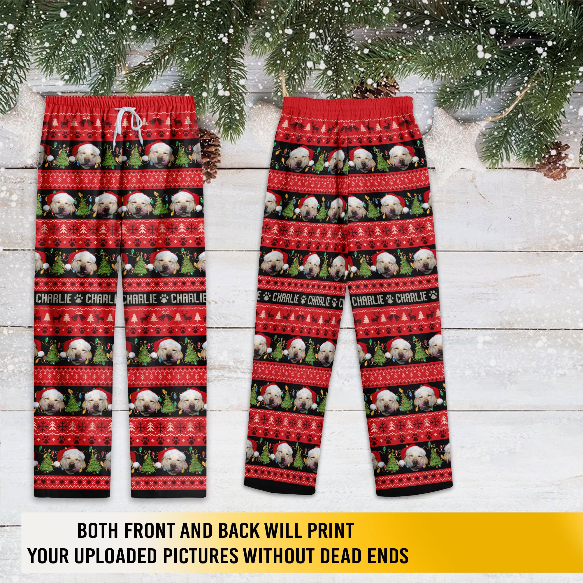 Custom Pet Christmas Name Pajama Pants – Personalized Dog Photo Holiday Lounge Wear