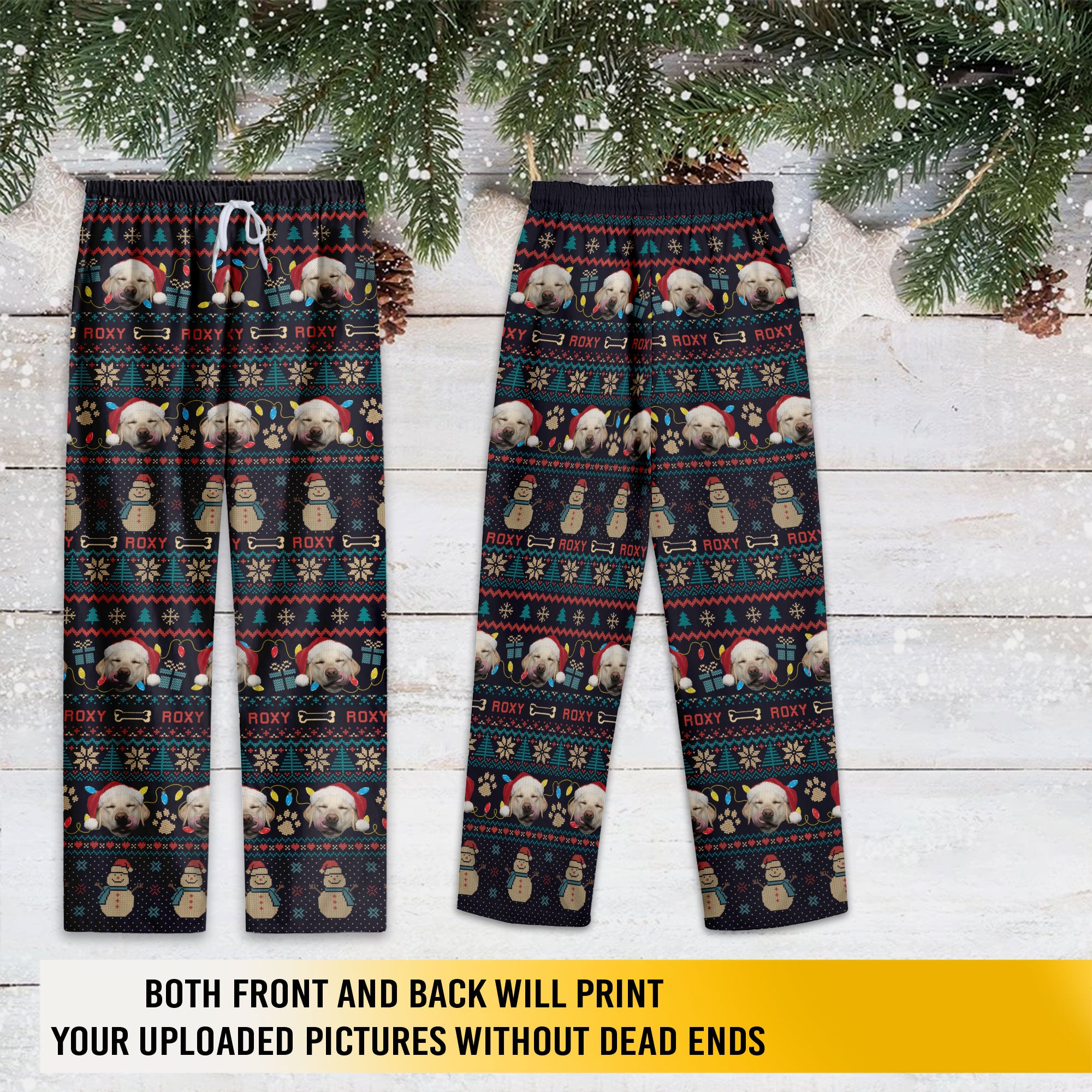 Custom Pet Snowman Christmas Pajama Pants – Personalized Dog Photo & Name Holiday Sleepwear
