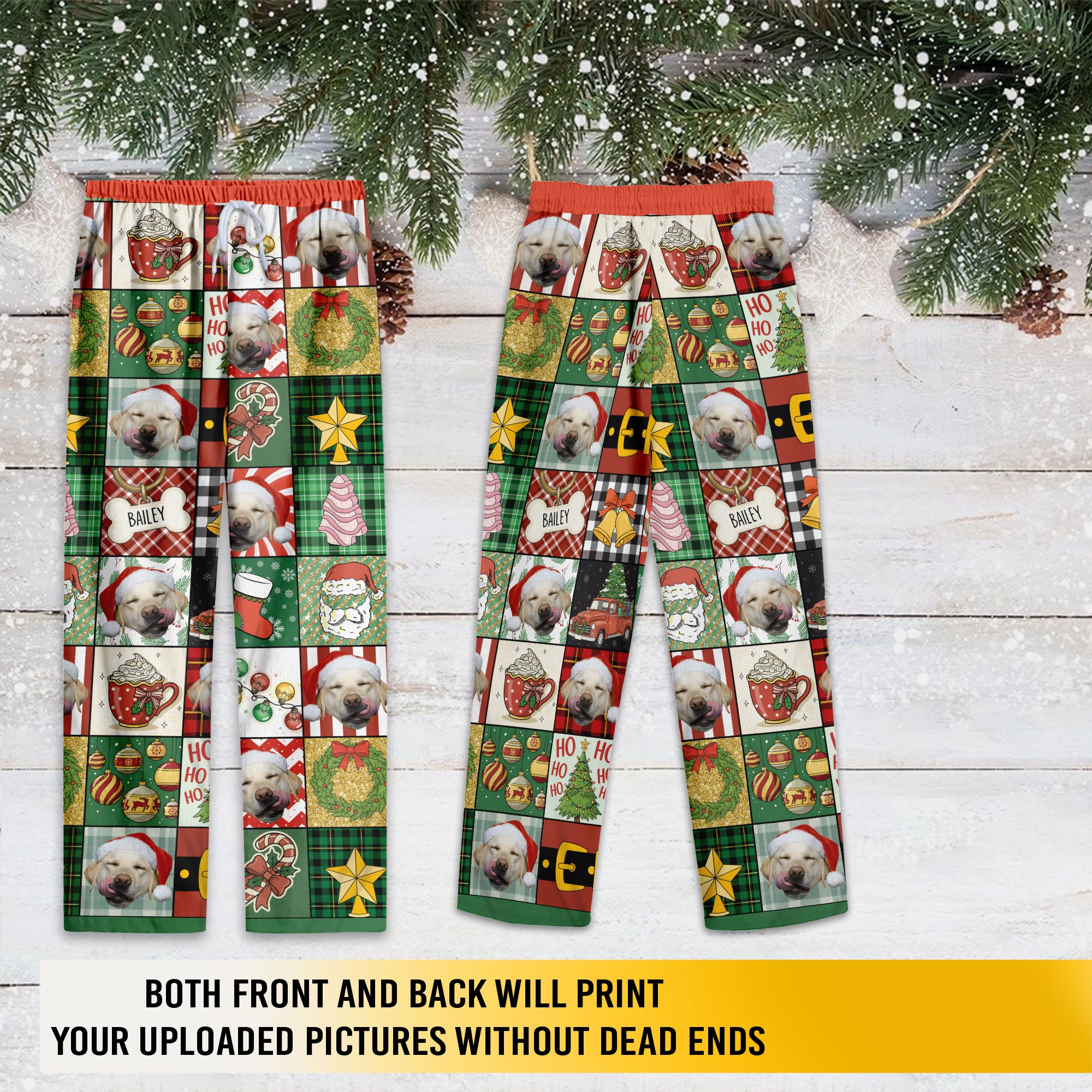 Custom Patchwork Christmas Pet Pajama Pants – Personalized Dog Photo & Name Holiday Lounge Wear