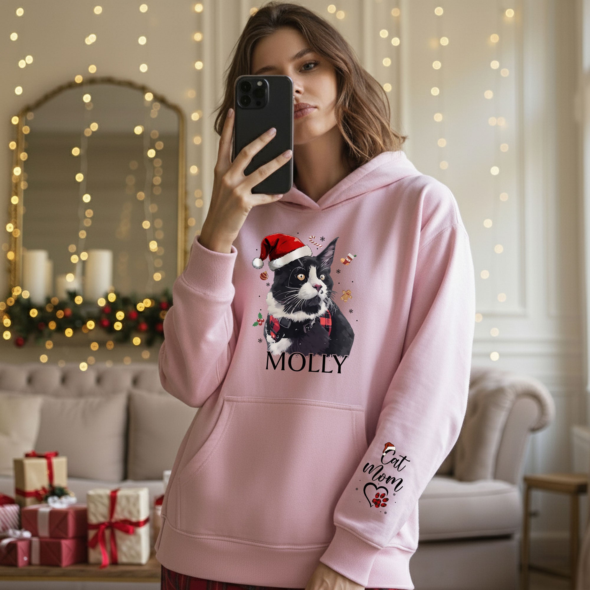 Custom Cat Photo Hoodie – Personalized Holiday Hoodie with Cat Design for Cat Moms