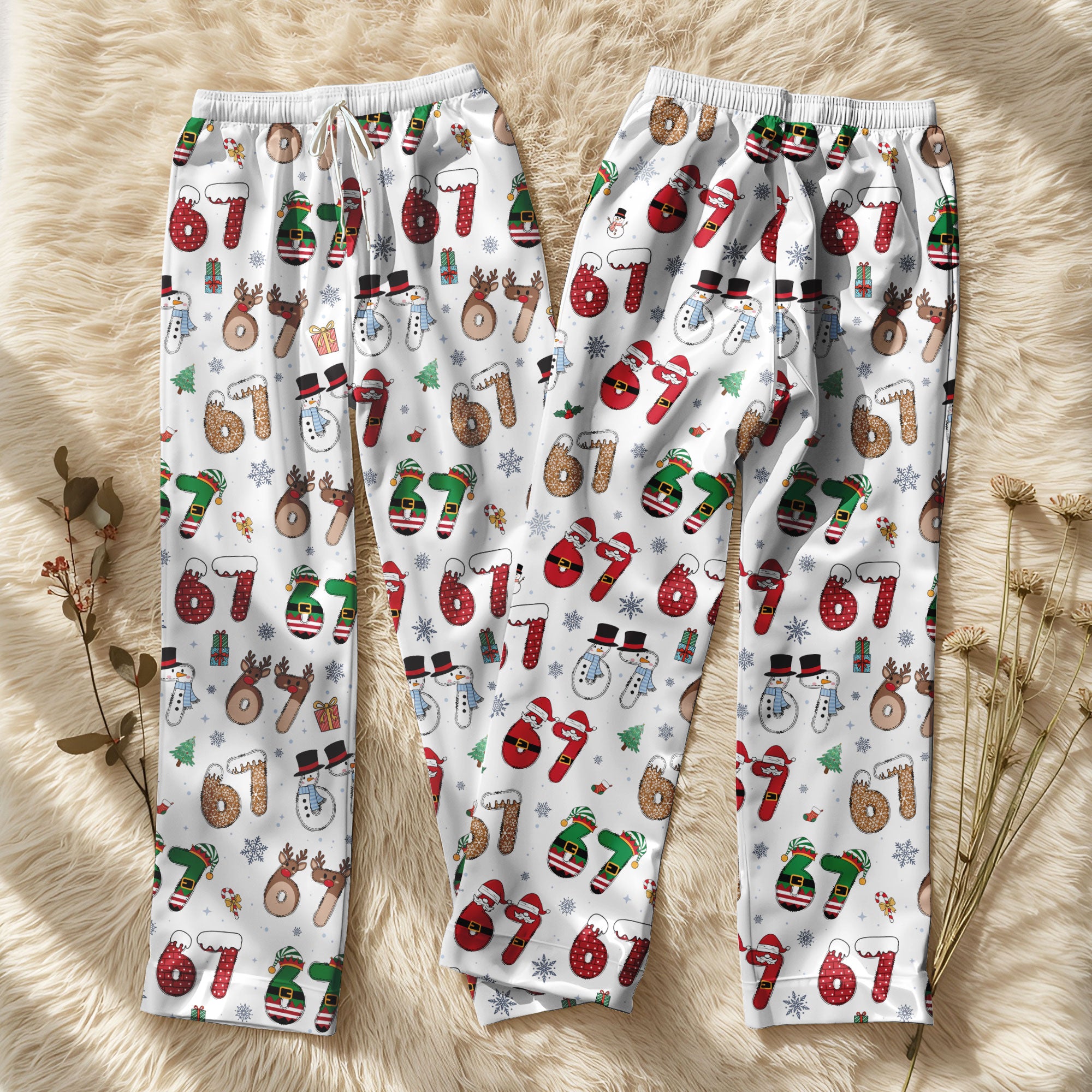 Custom Christmas Number 67 Pajama Pants – Personalized Holiday Print Cozy Lounge Bottoms