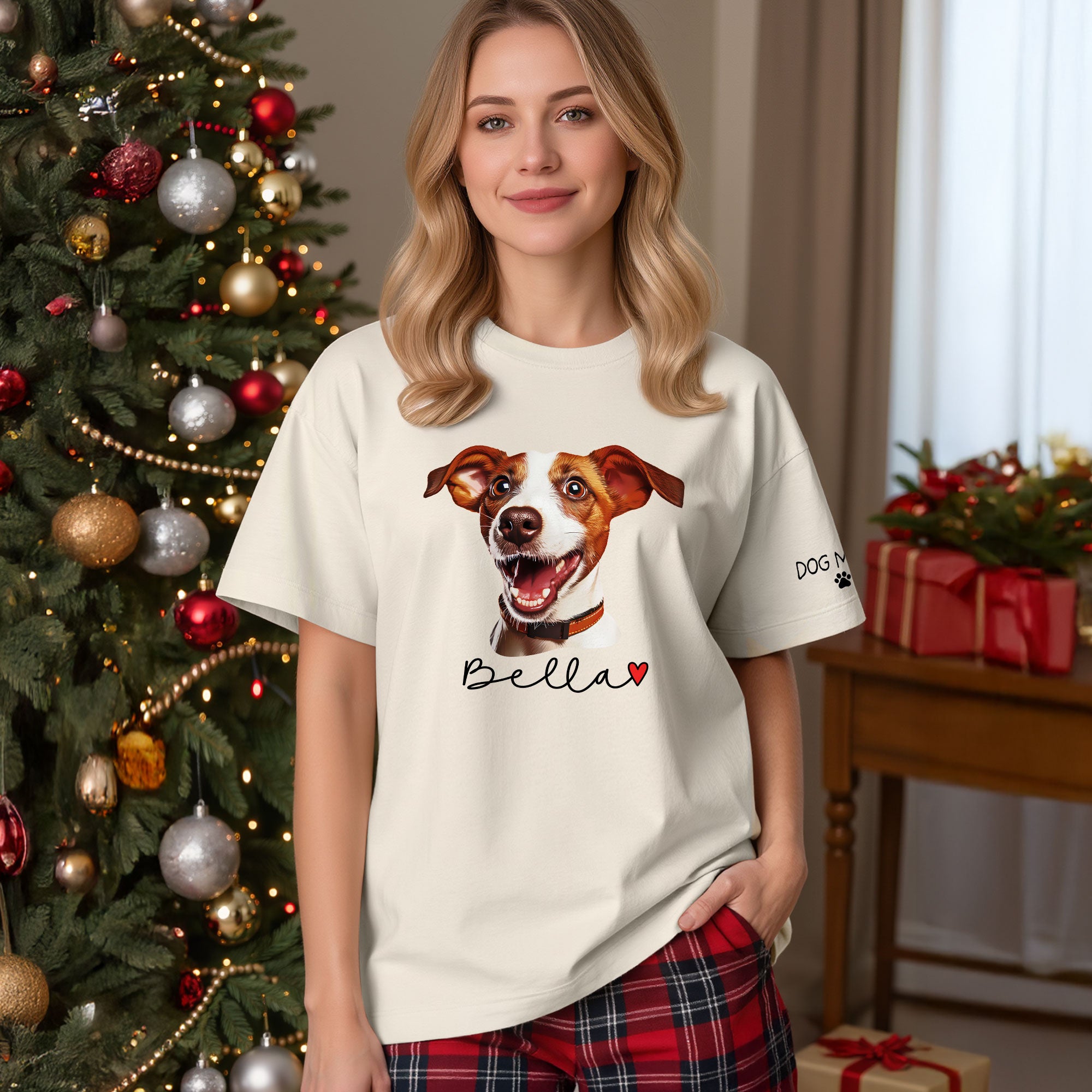 Dog Mom Christmas Shirt – Custom Pet Portrait Tee, Personalized Holiday Gift for Women