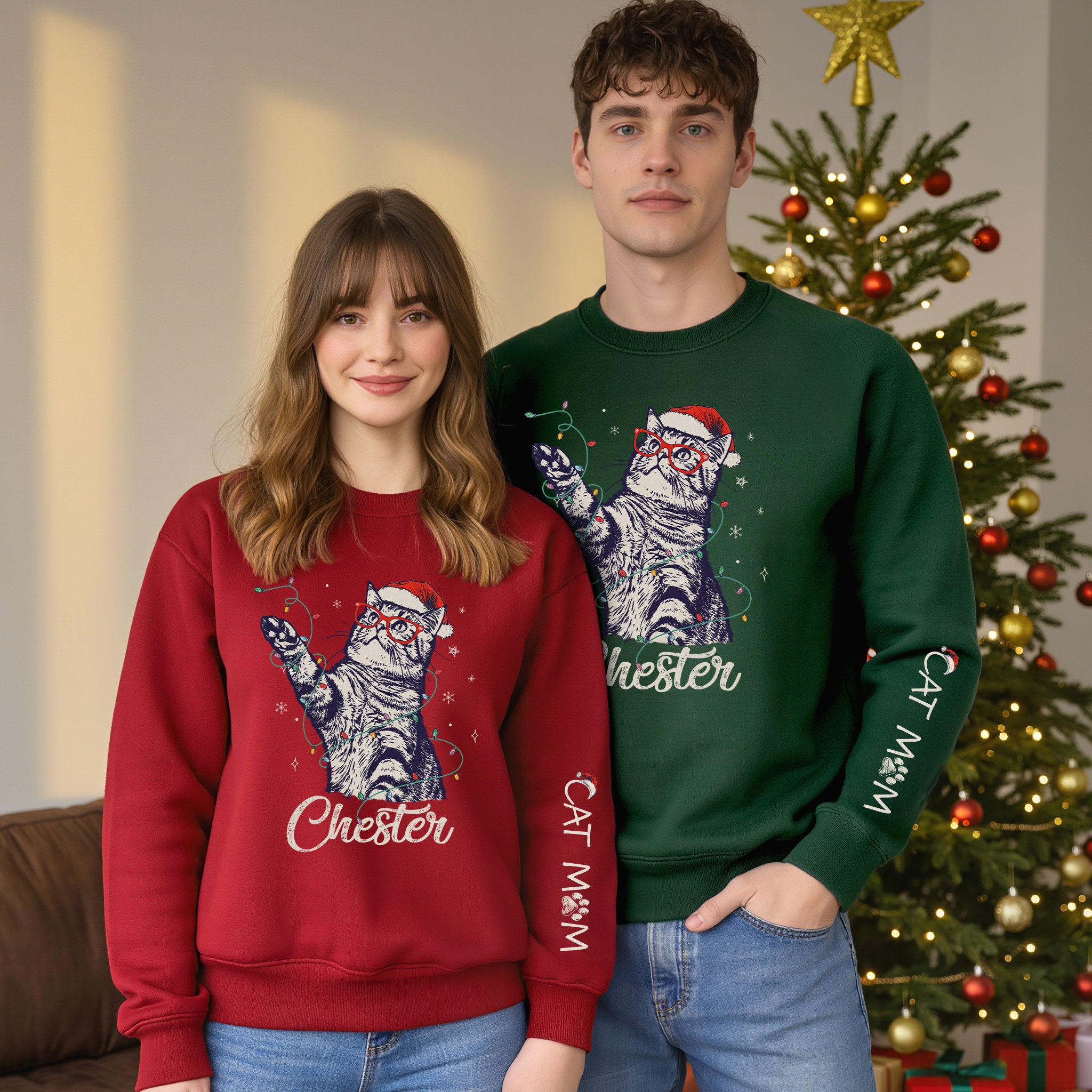 Custom Cat Christmas Sweatshirt, Personalized Pet Portrait Holiday Gift for Cat Moms