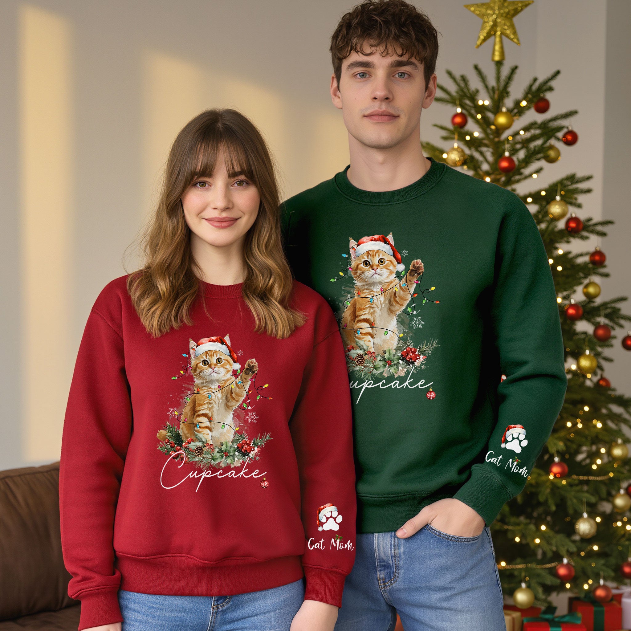 Custom Cat Christmas Sweatshirt – Personalized Holiday Pet Portrait Gift for Cat Moms