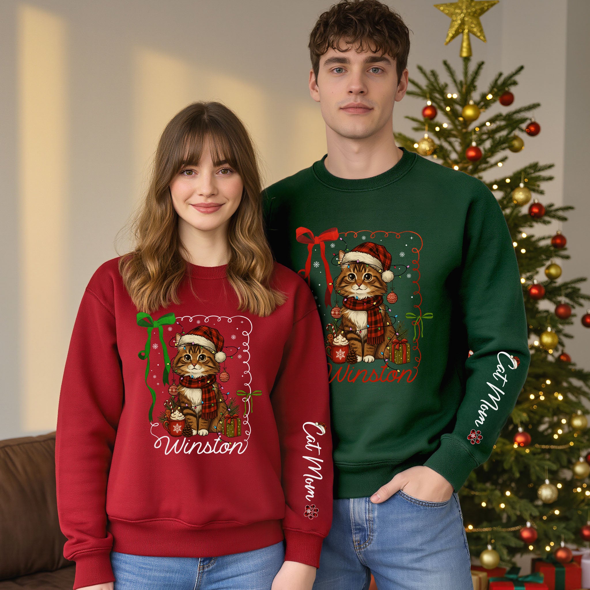 Custom Cat Christmas Personalized Pet Portrait Holiday Gift Sweatshirt for Cat Moms
