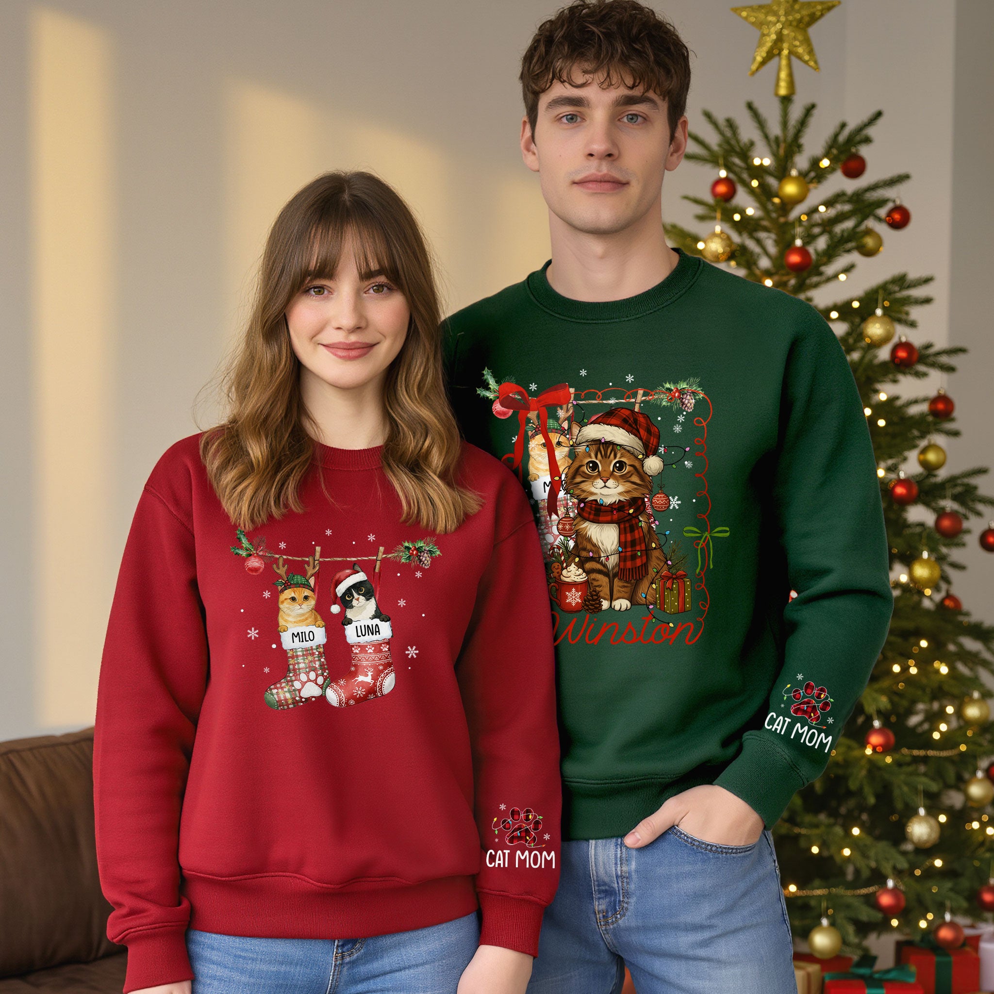 Custom Cats Christmas Sweatshirt – Personalized Pet Stocking Holiday Gift for Cat Moms