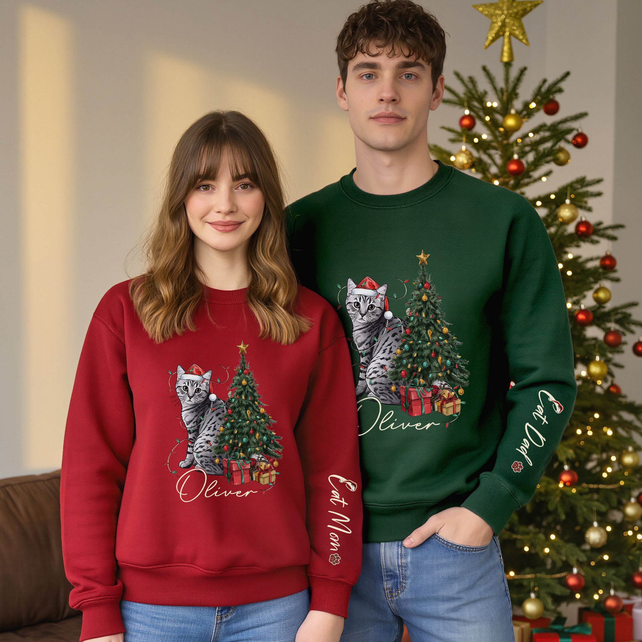 Custom Cat Christmas Sweatshirt – Personalized Gift for Cat Mom & Pet Lovers