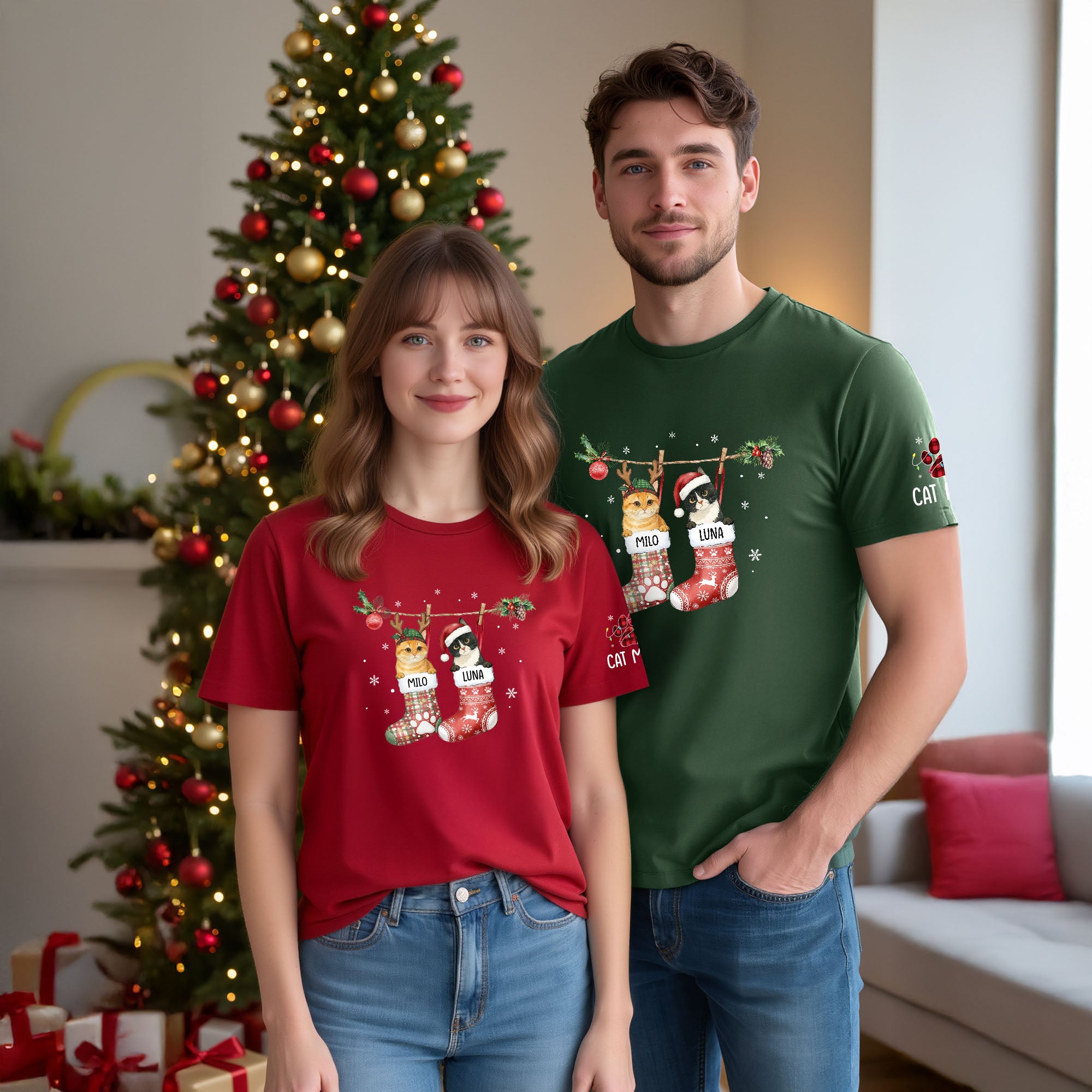 Personalized Cat Photo Christmas T-Shirt – Custom Pet Lover Gift for Cat Mom, Holiday Tee