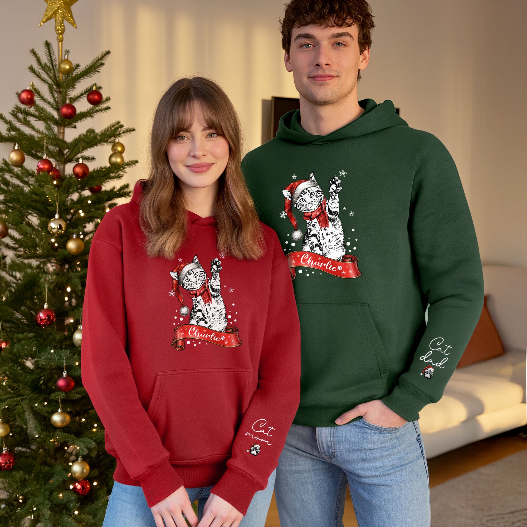 Custom Cat Mom Christmas Hoodie – Personalized Cat Photo Hoodie with Pet Name, Holiday Gift for Cat Lovers