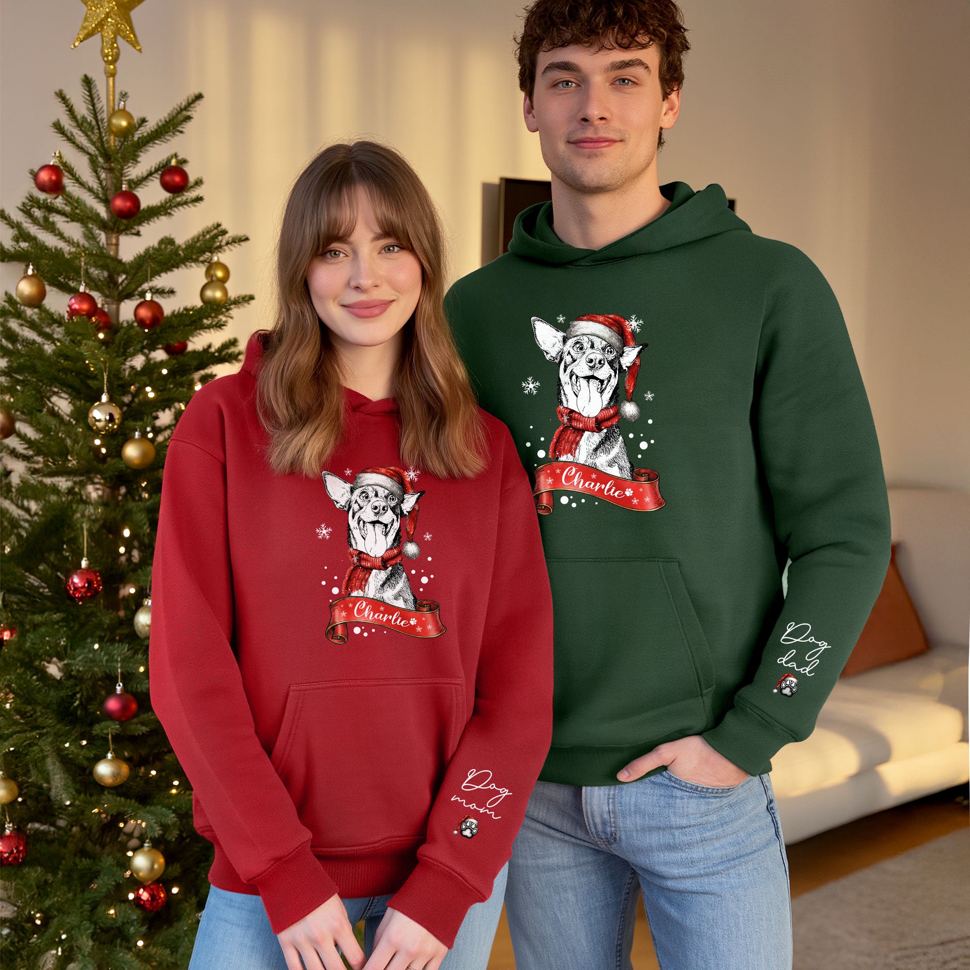 Custom Dog Mom Christmas Hoodie – Personalized Dog Photo Hoodie with Pet Name, Holiday Gift for Pet Lovers