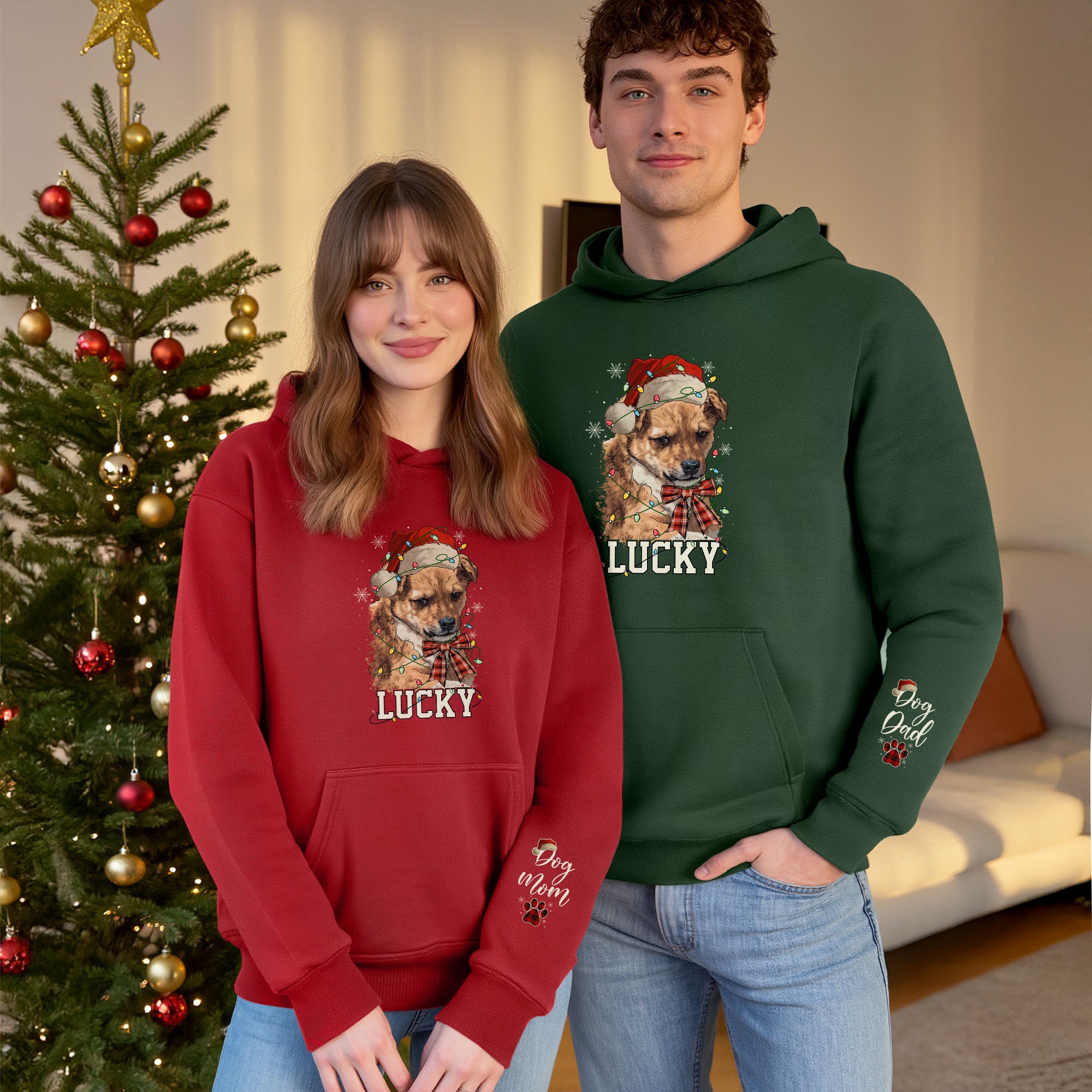 Personalized Dog Mom Christmas Hoodie – Custom Dog Photo Hoodie with Pet Name, Holiday Gift for Pet Lovers