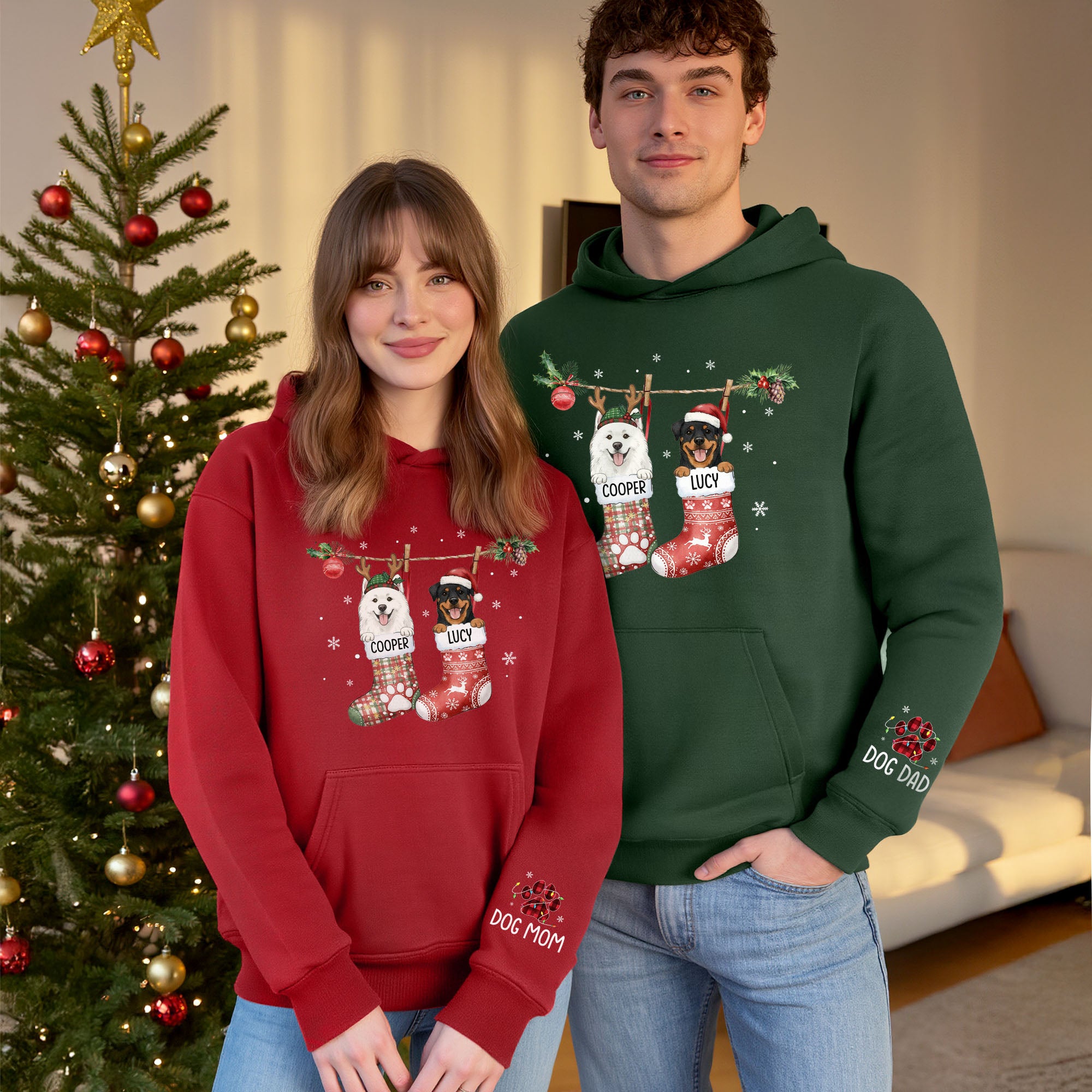 Custom Christmas Dog Hoodie – Personalized Holiday Hoodie with Your Dog’s Photo in Festive Stockings