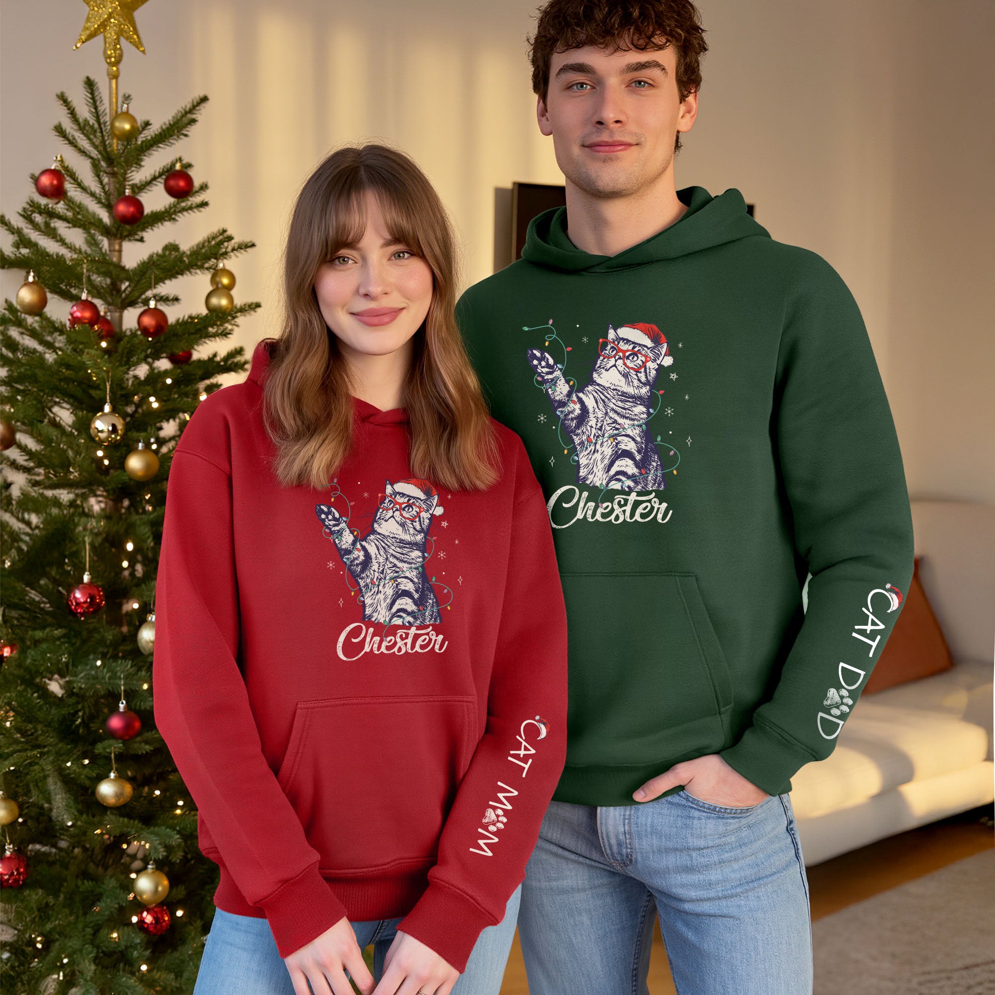 Christmas Cat Mom Hoodie – Personalized Cat Photo Hoodie, Custom Holiday Gift for Women