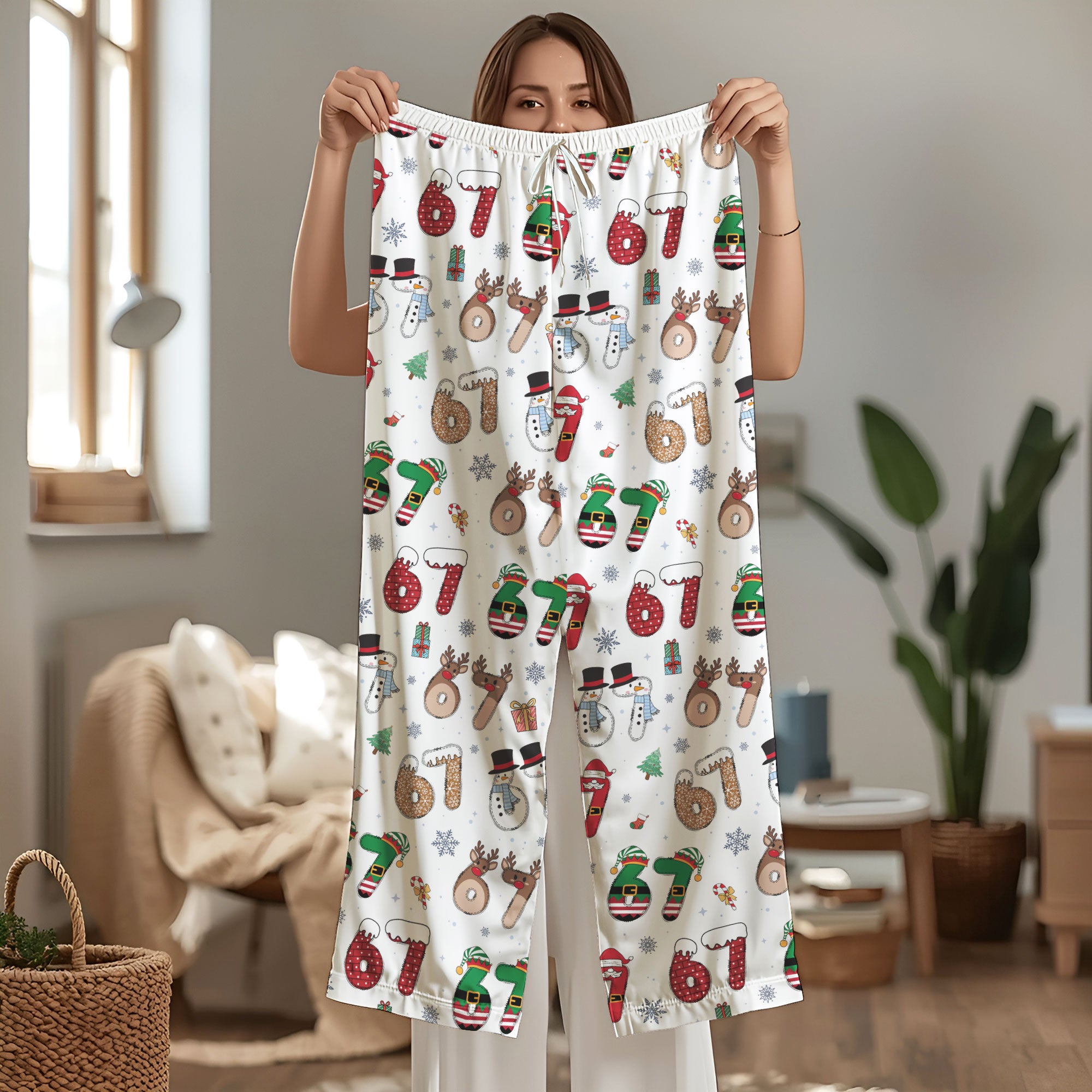 Custom Christmas Number 67 Pajama Pants – Personalized Holiday Print Cozy Lounge Bottoms
