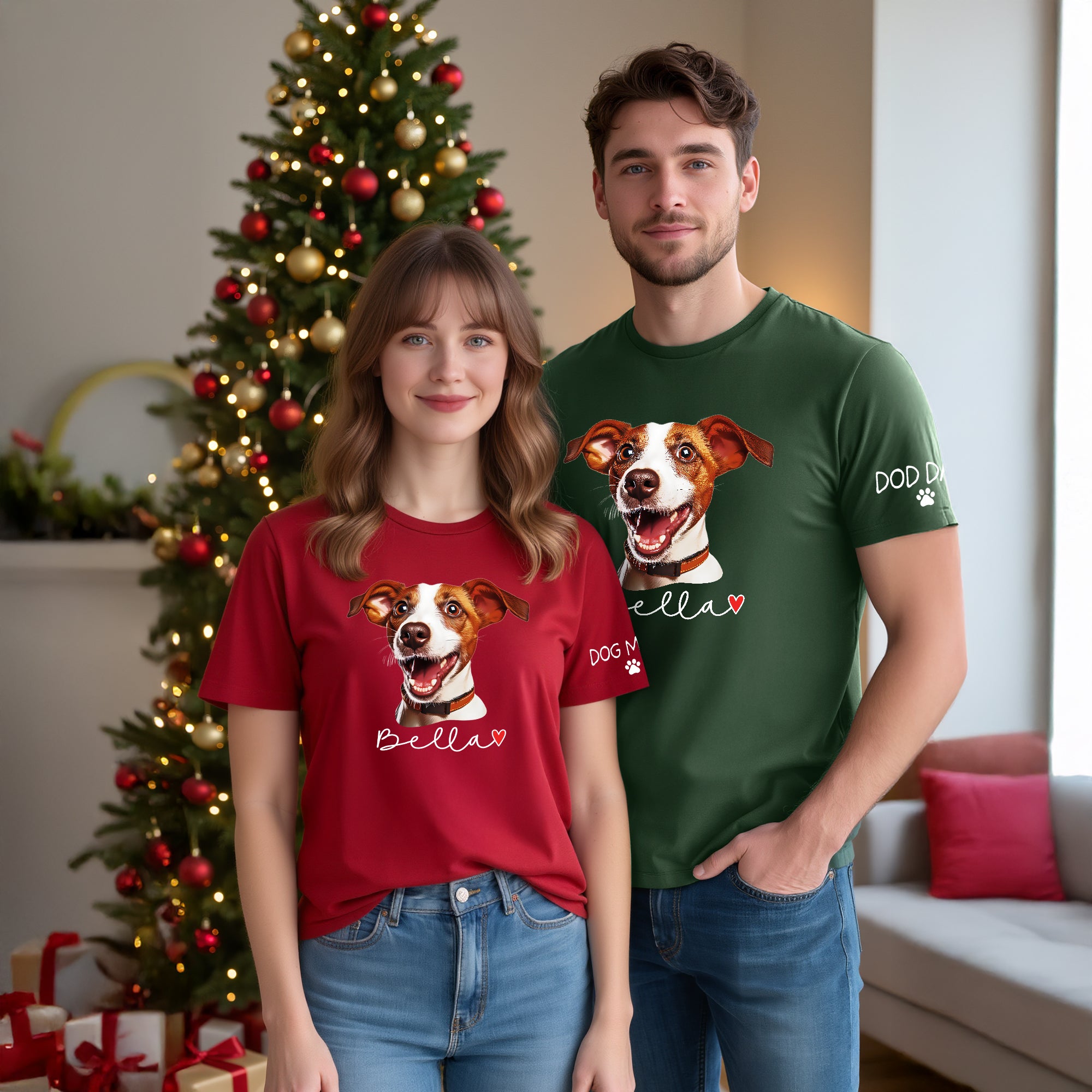 Dog Mom Christmas Shirt – Custom Pet Portrait Tee, Personalized Holiday Gift for Women