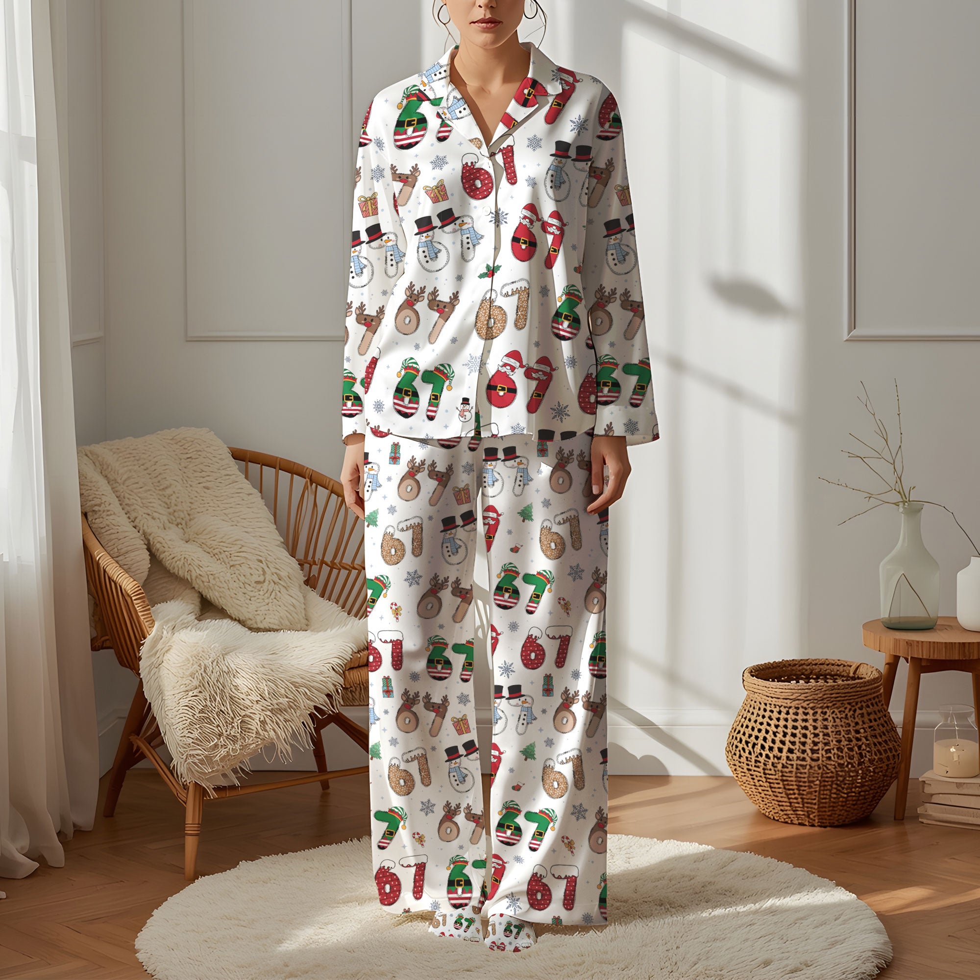 Custom Christmas Number 67 Pajama Pants – Personalized Holiday Print Cozy Lounge Bottoms