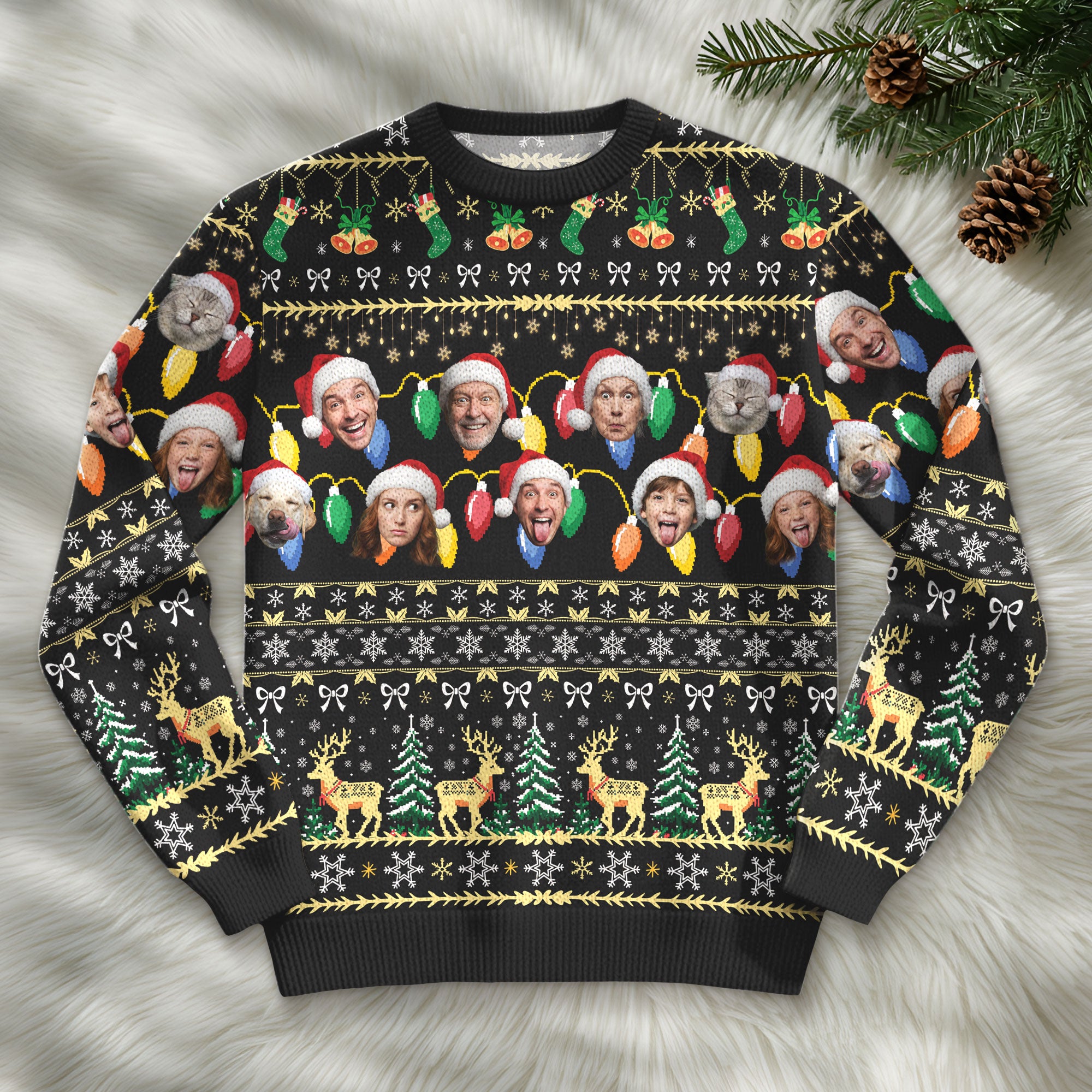 Custom Ugly Christmas Sweater – Personalized Photo Black Holiday Knit for Family, Pets & Festive Gifts