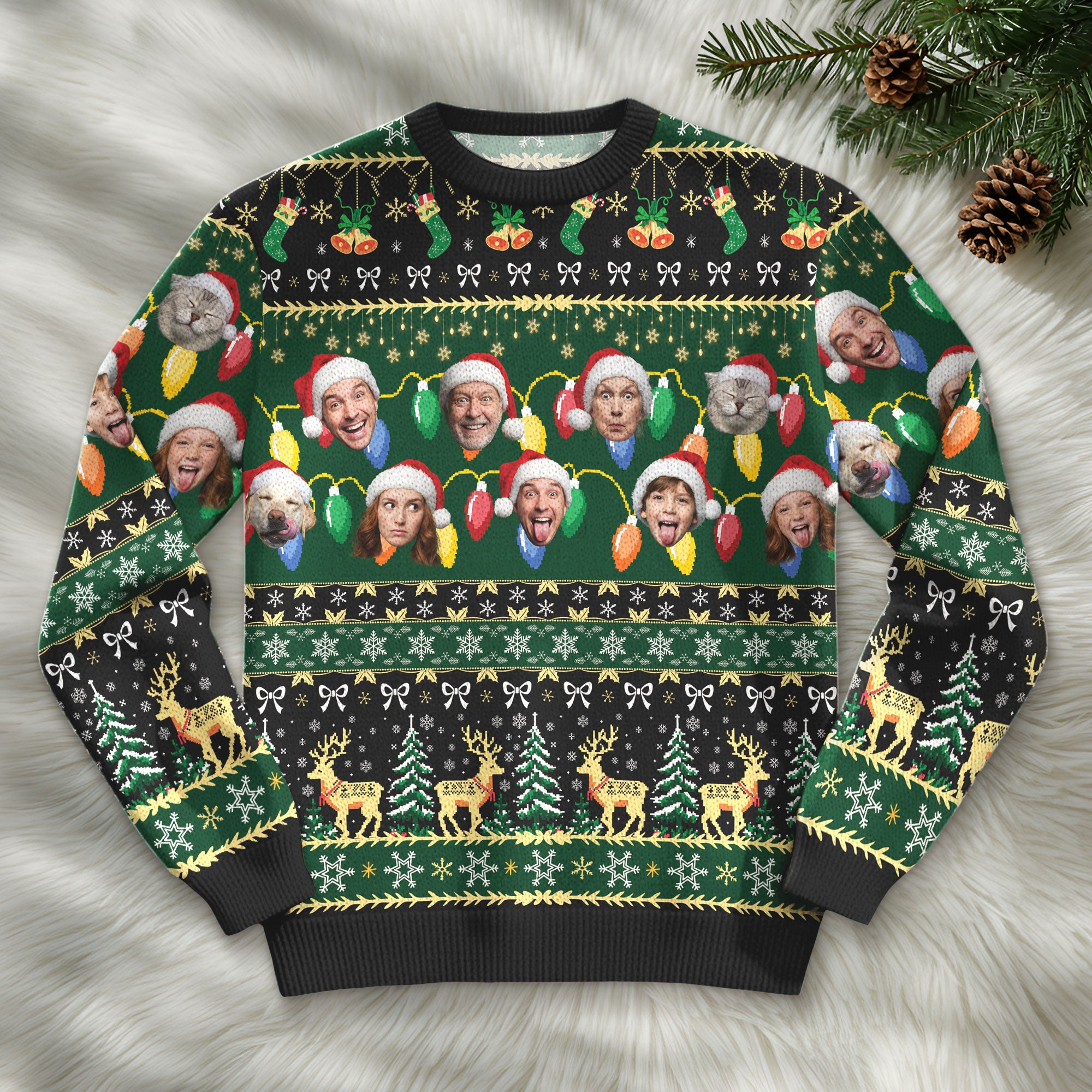 Custom Ugly Christmas Sweater – Personalized Photo Green Holiday Knit for Family, Pets & Festive Fun