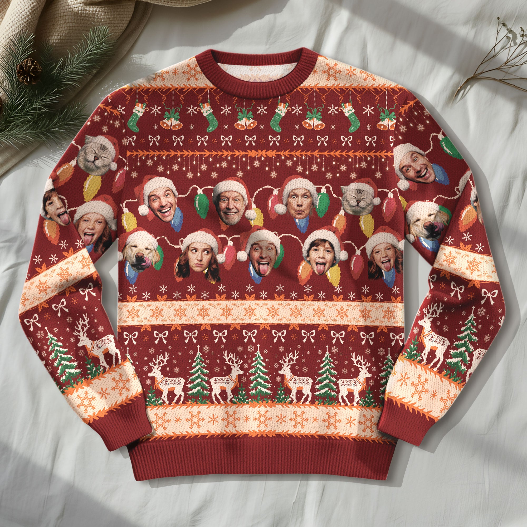 Custom Ugly Christmas Sweater – Personalized Photo Red Holiday Knit for Family, Pets & Seasonal Fun