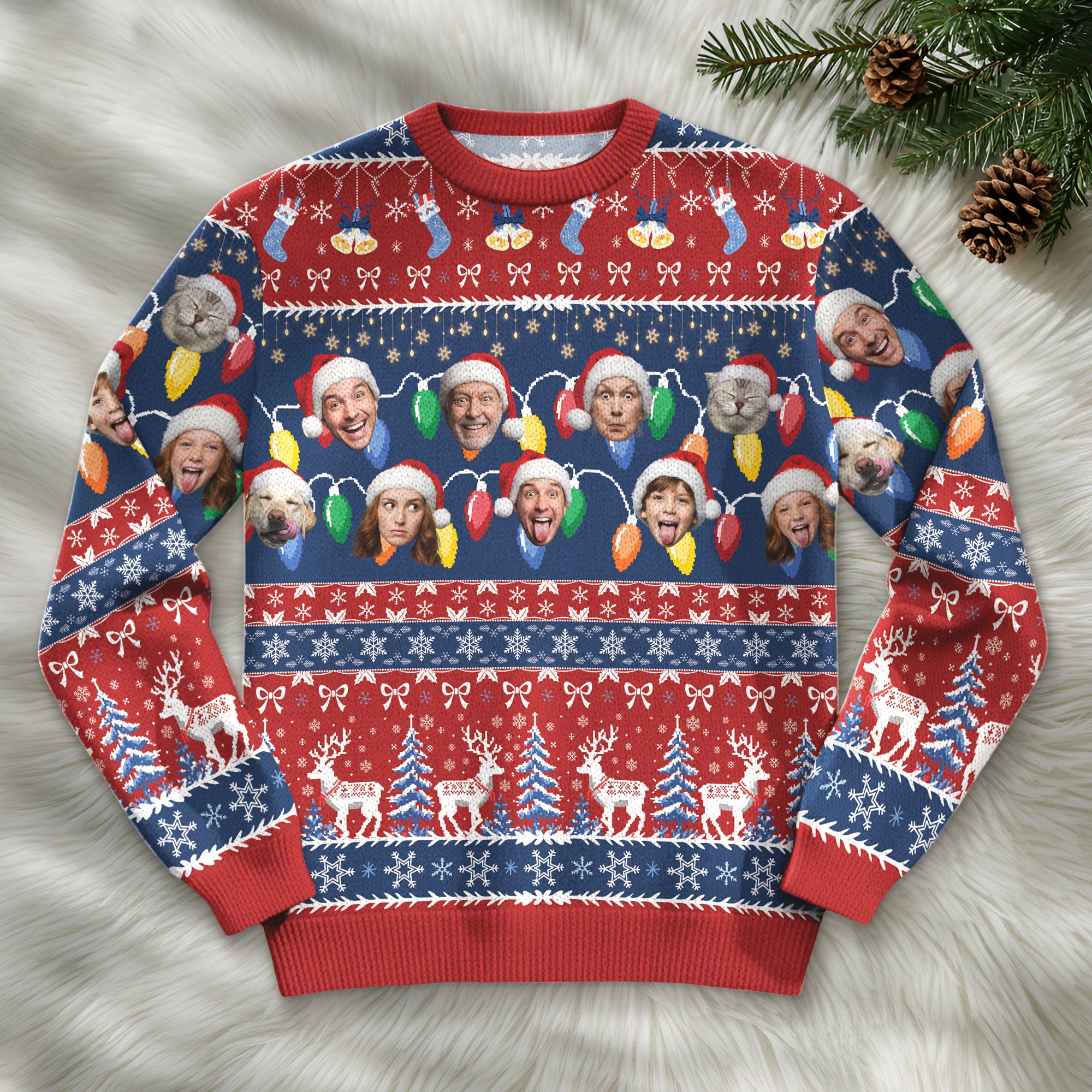 Custom Ugly Christmas Sweater – Personalized Photo Red & Blue Holiday Knit for Family, Pets & Festive Moments
