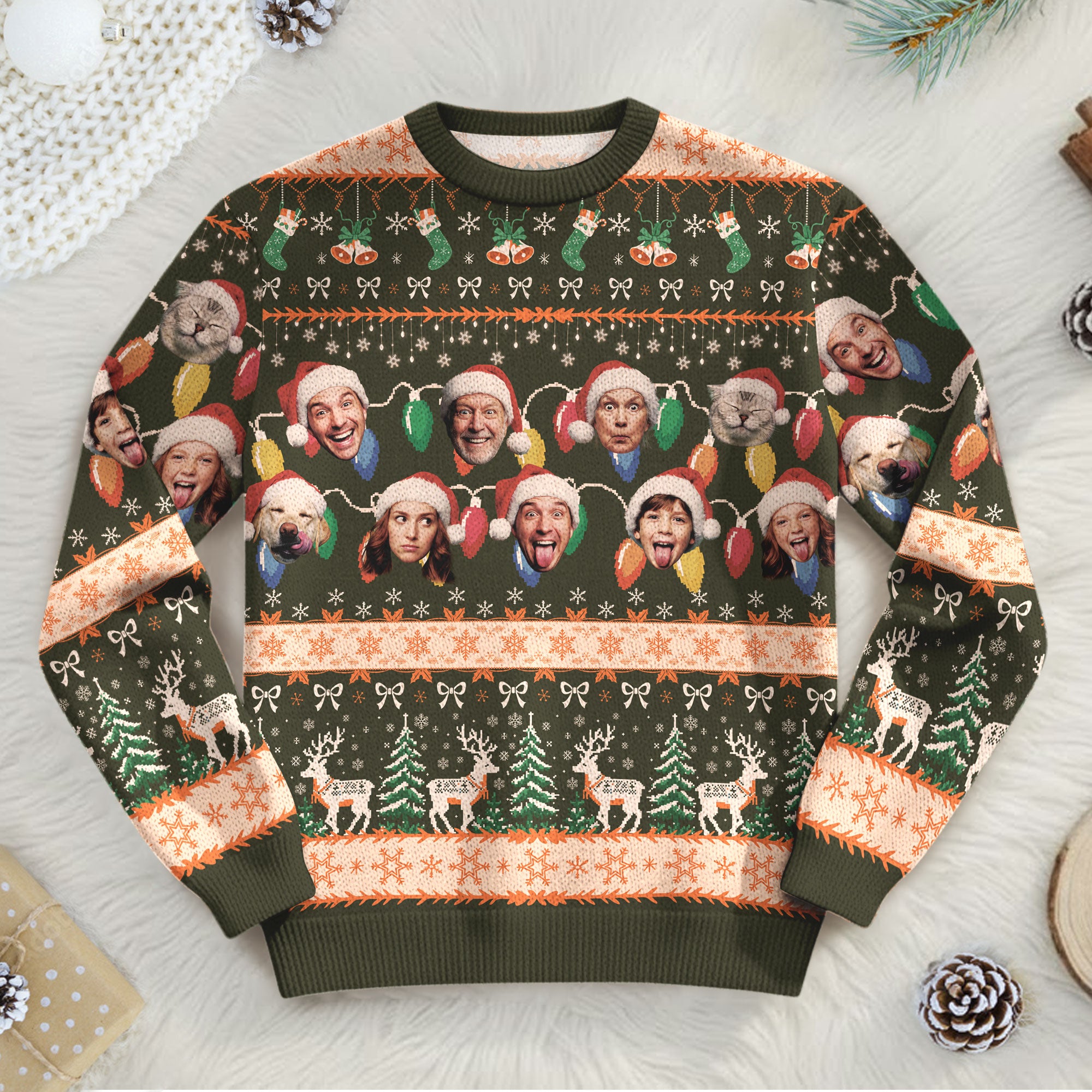 Custom Ugly Christmas Sweater – Personalized Photo Forest Green Holiday Knit for Family, Pets & Festive Cheer