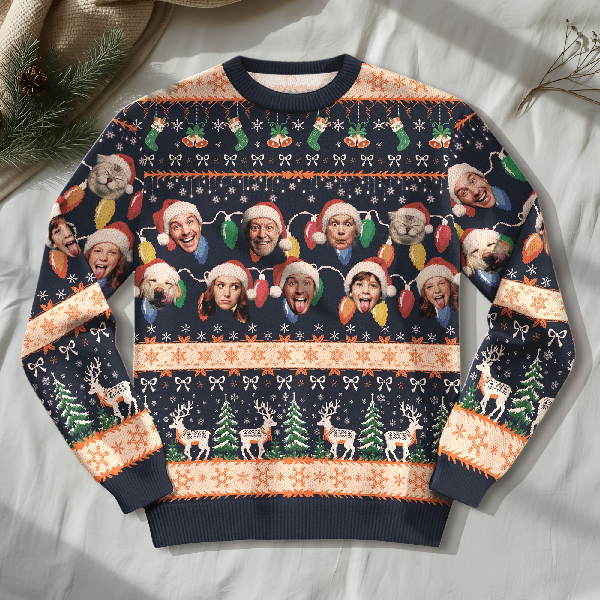 Custom Ugly Christmas Sweater – Personalized Photo Navy Holiday Knit for Family, Pets & Festive Style