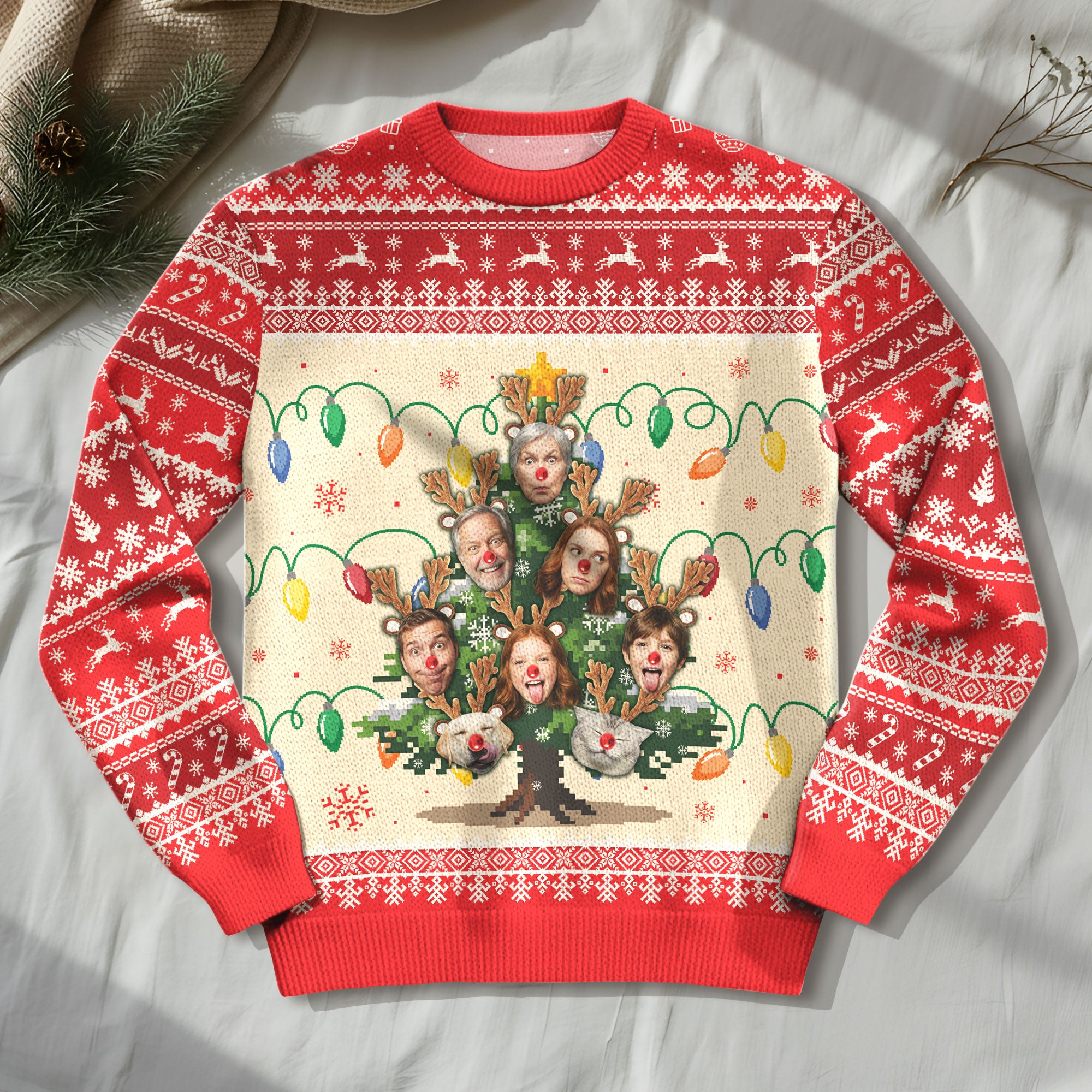 Custom Ugly Christmas Sweater – Personalized Photo Christmas Tree Design for Family, Pets & Holiday Fun