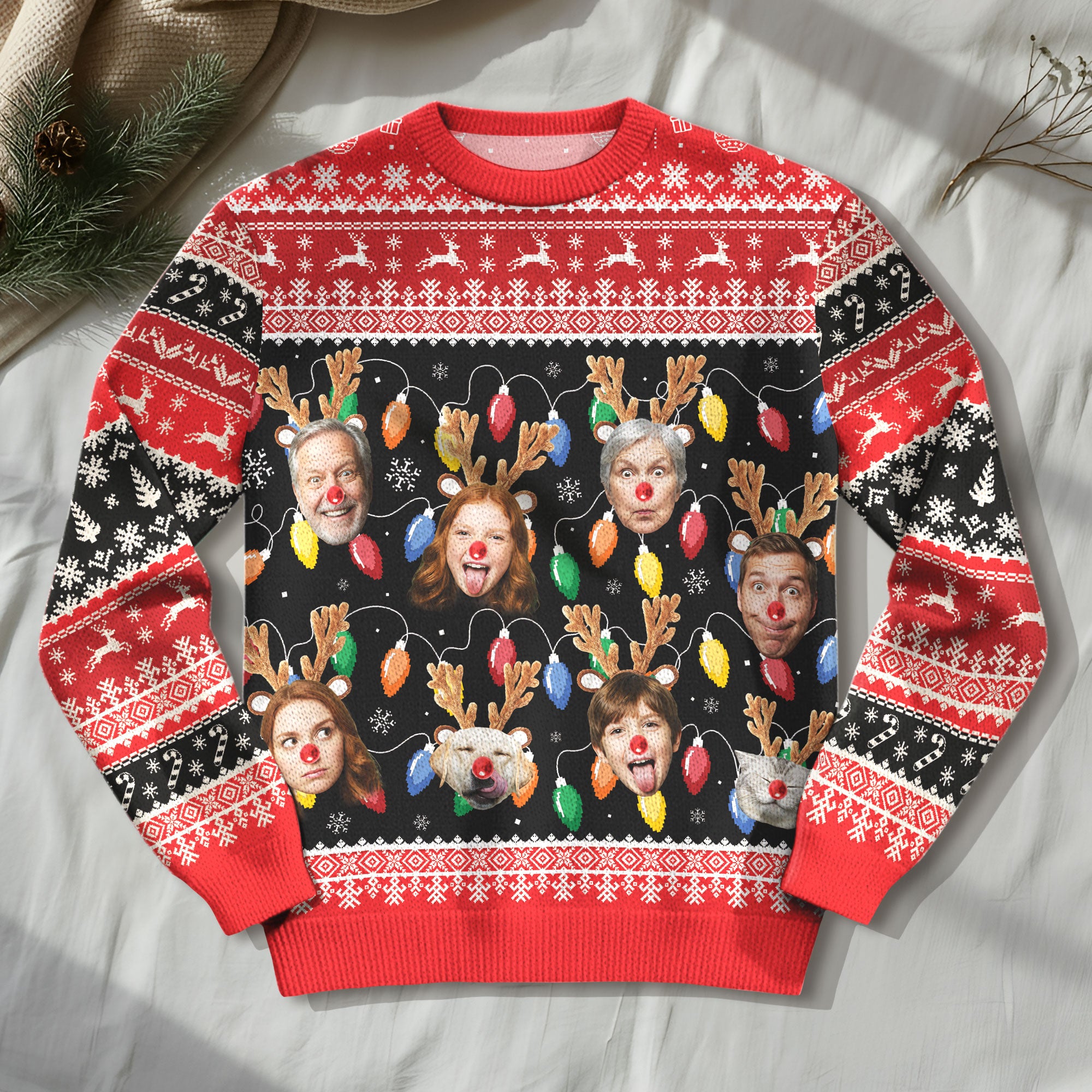 Custom Ugly Christmas Sweater – Personalized Photo Reindeer Lights Design for Family, Pets & Holiday Fun