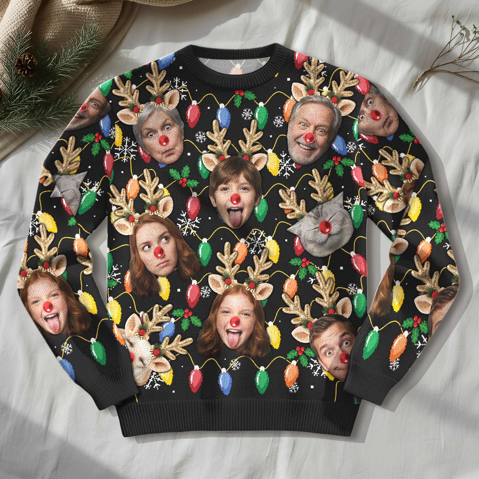 Custom Christmas Photo Sweatshirt with Lights & Snowflakes Pattern