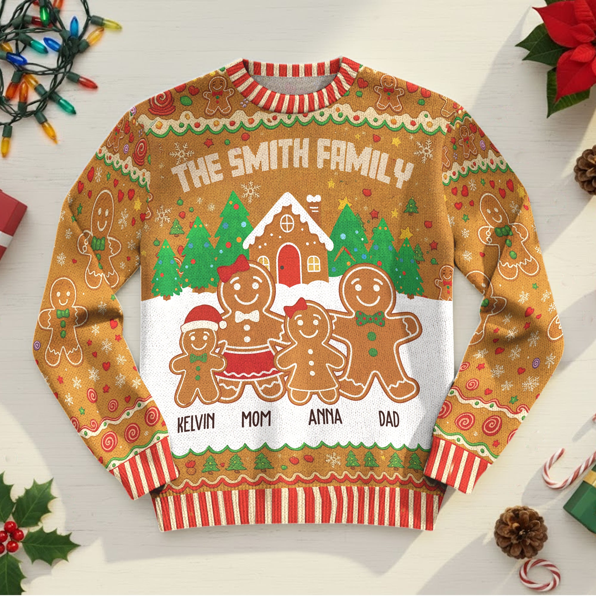 Custom Gingerbread Family Christmas Sweater – Personalized Name Ugly Holiday Sweatshirt for Family