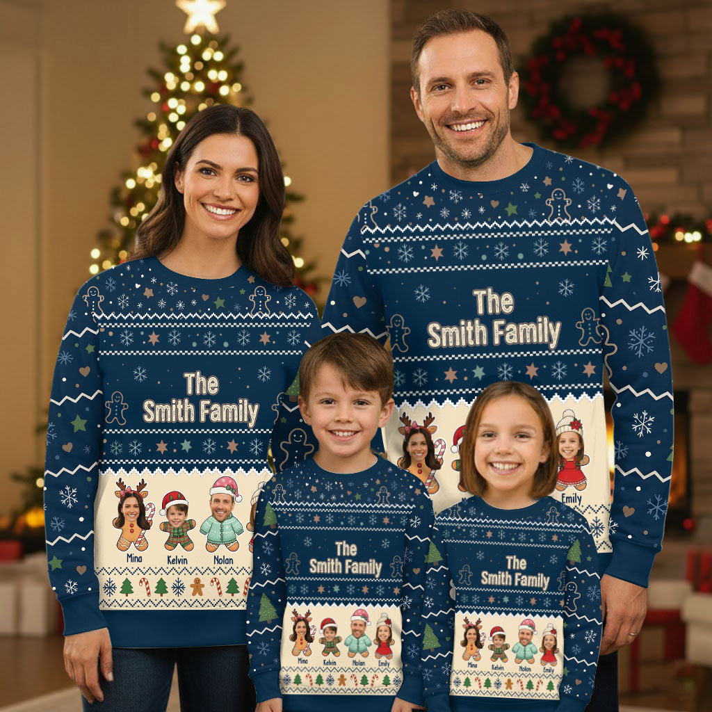 Personalized Gingerbread Family Ugly Christmas Sweater – Custom Name & Photo Holiday Sweatshirt Gift