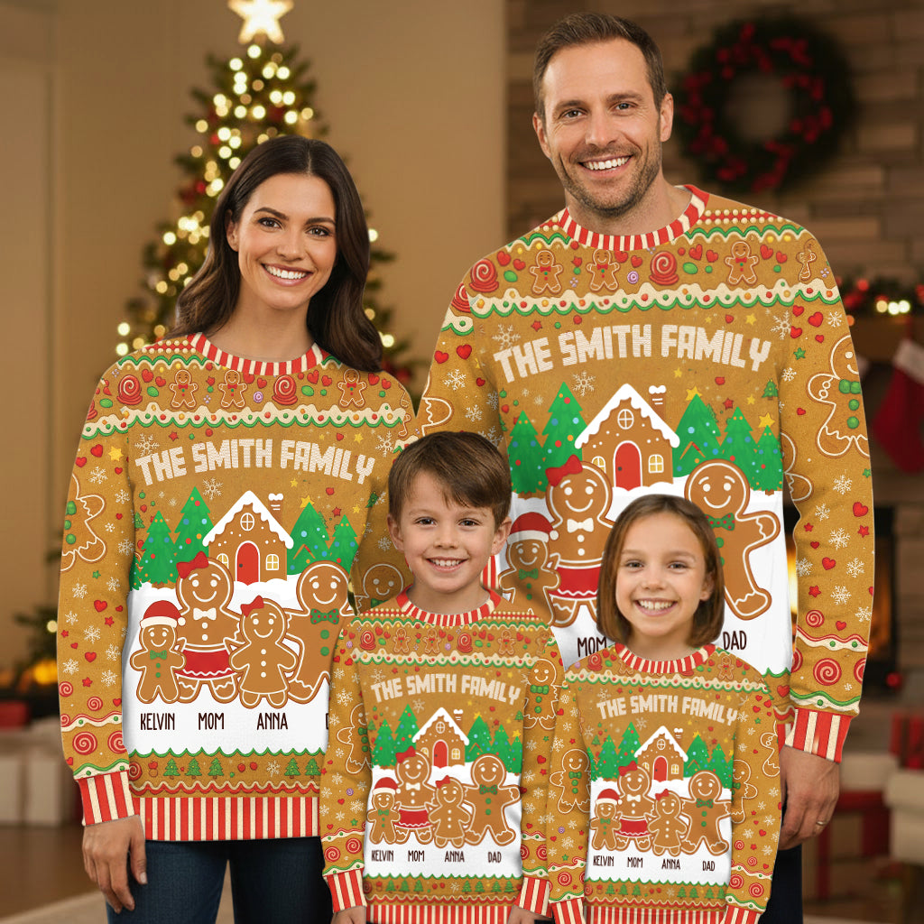 Custom Gingerbread Family Christmas Sweater – Personalized Name Ugly Holiday Sweatshirt for Family
