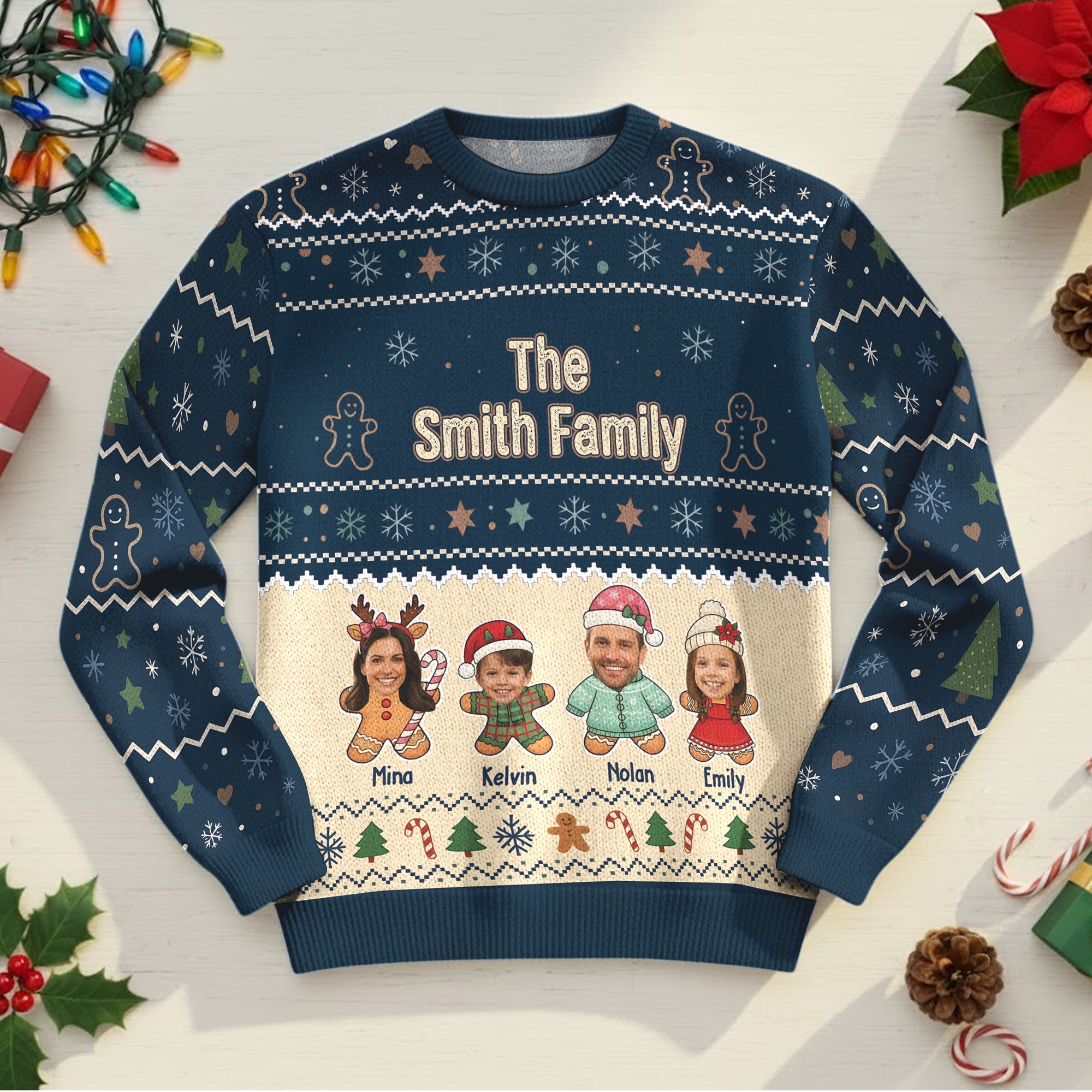 Personalized Gingerbread Family Ugly Christmas Sweater – Custom Name & Photo Holiday Sweatshirt Gift