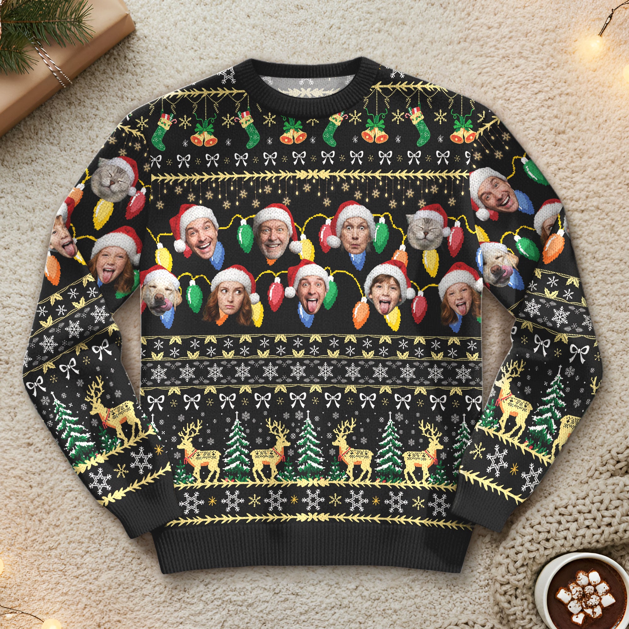 Custom Ugly Christmas Sweater – Personalized Photo Black Holiday Knit for Family, Pets & Festive Gifts