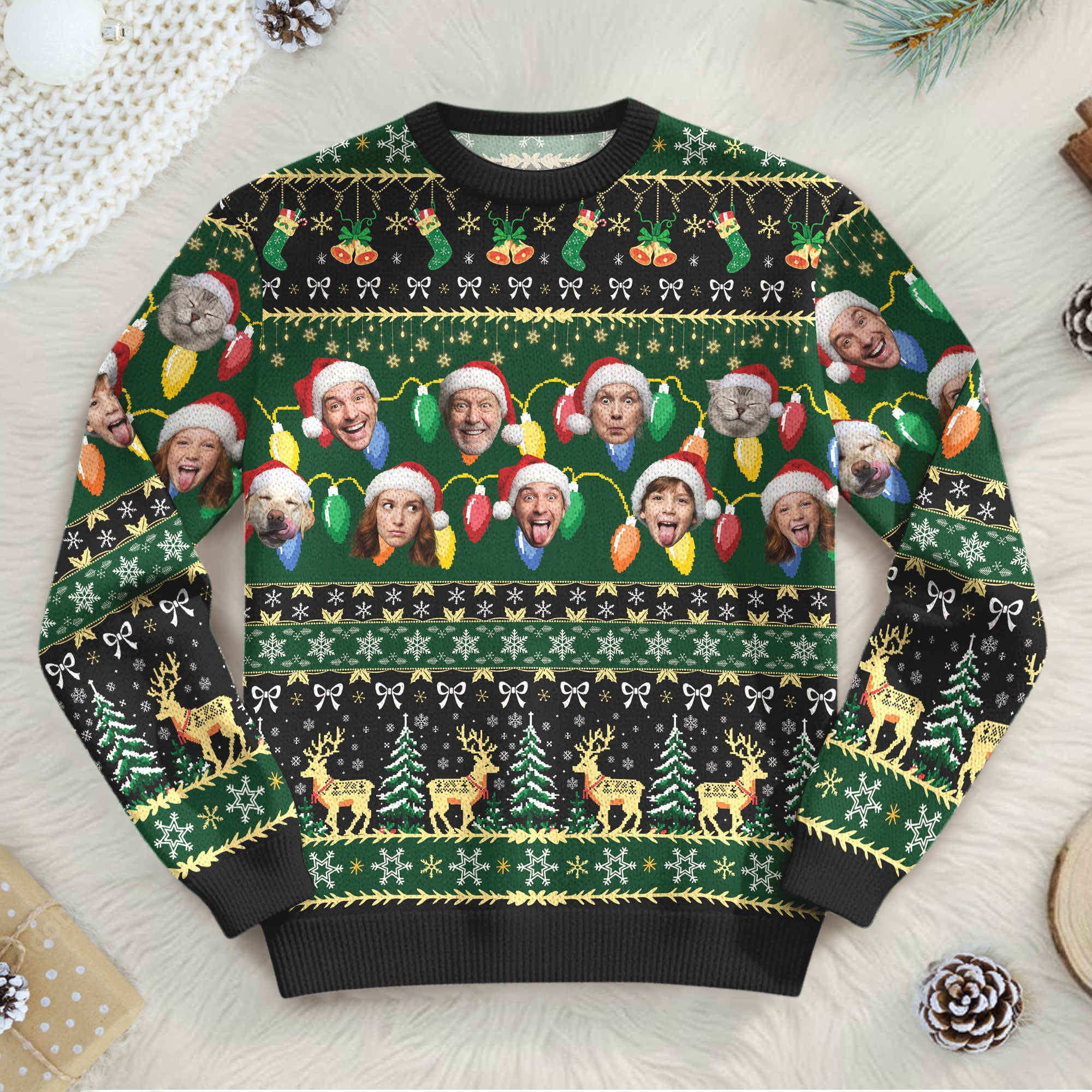 Custom Ugly Christmas Sweater – Personalized Photo Green Holiday Knit for Family, Pets & Festive Fun