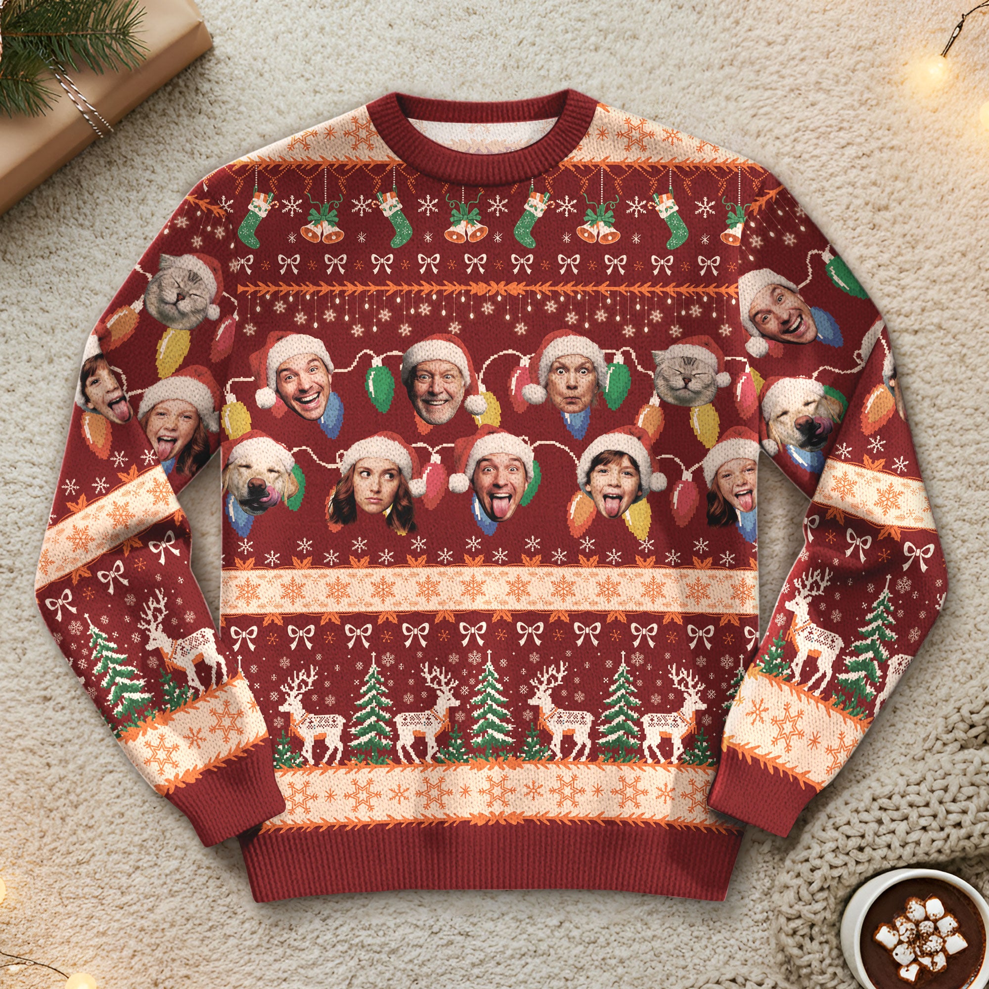 Custom Ugly Christmas Sweater – Personalized Photo Red Holiday Knit for Family, Pets & Seasonal Fun