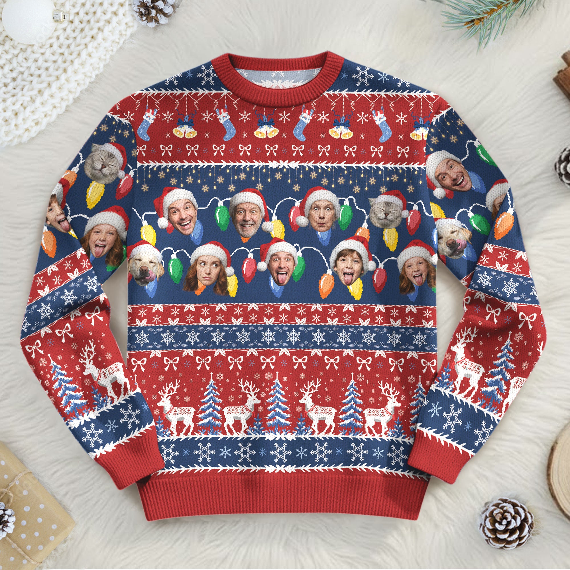 Custom Ugly Christmas Sweater – Personalized Photo Red & Blue Holiday Knit for Family, Pets & Festive Moments