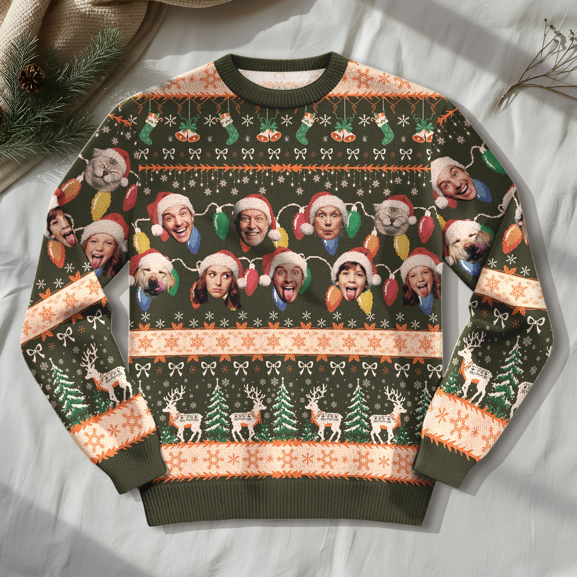 Custom Ugly Christmas Sweater – Personalized Photo Forest Green Holiday Knit for Family, Pets & Festive Cheer