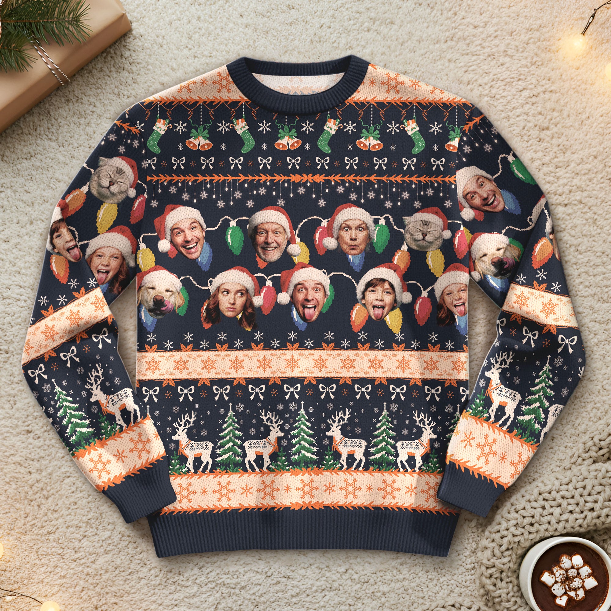 Custom Ugly Christmas Sweater – Personalized Photo Navy Holiday Knit for Family, Pets & Festive Style