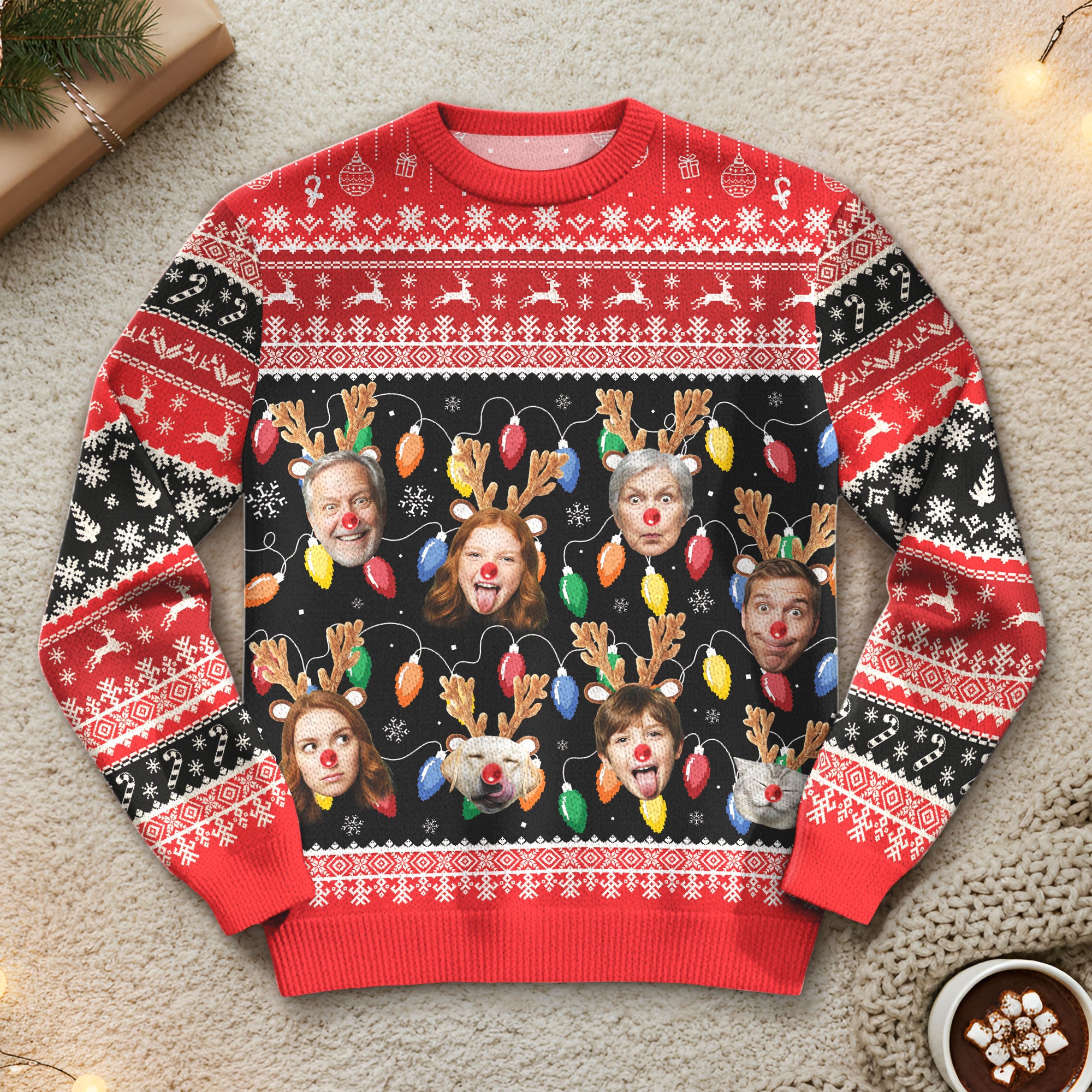 Custom Ugly Christmas Sweater – Personalized Photo Reindeer Lights Design for Family, Pets & Holiday Fun