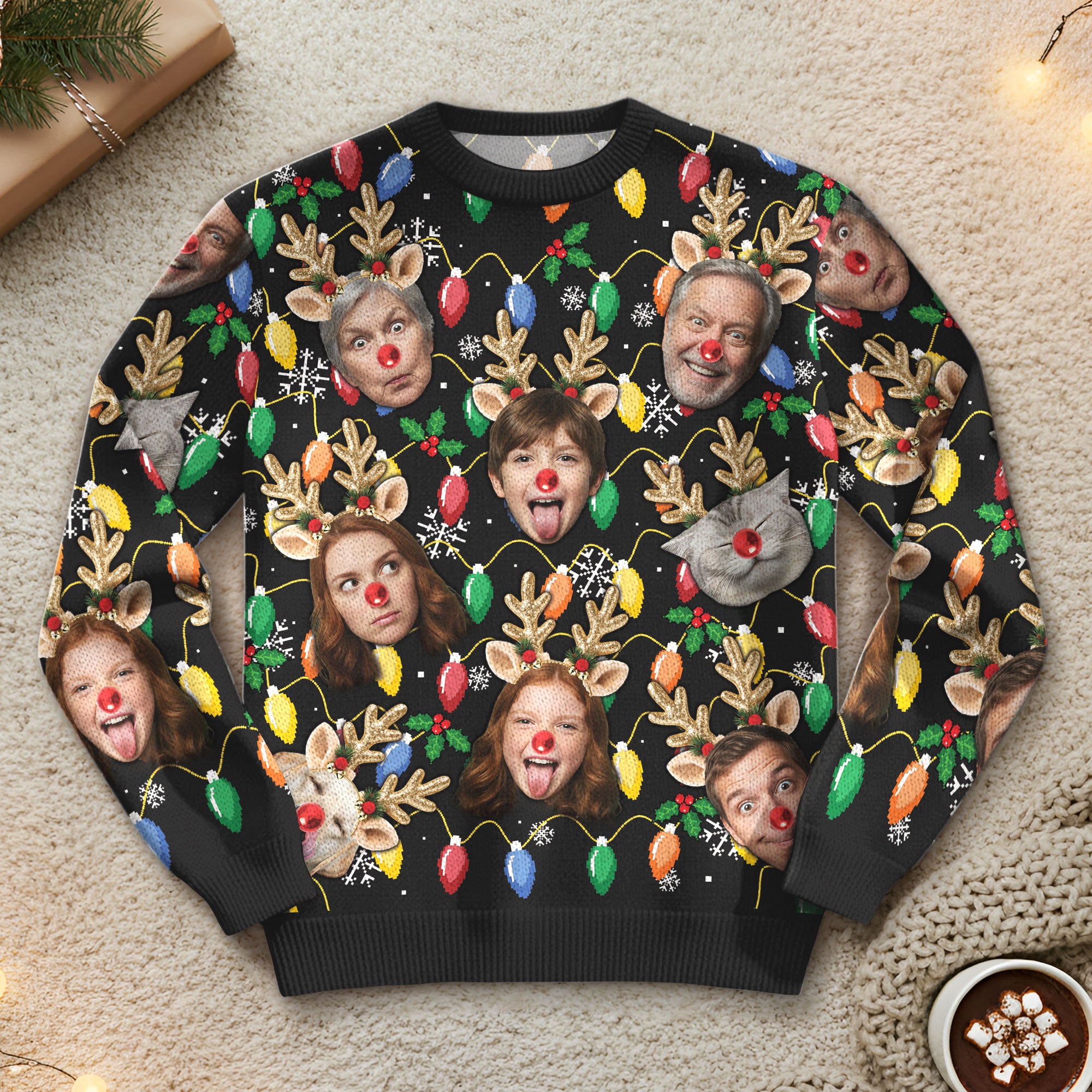 Custom Christmas Photo Sweatshirt with Lights & Snowflakes Pattern