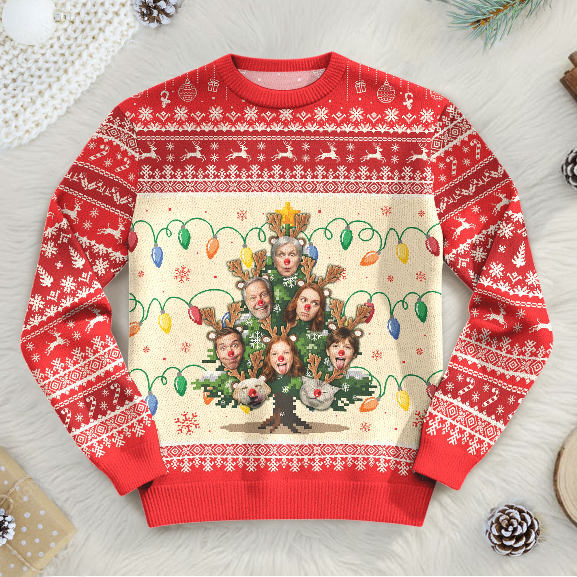 Custom Ugly Christmas Sweater – Personalized Photo Christmas Tree Design for Family, Pets & Holiday Fun