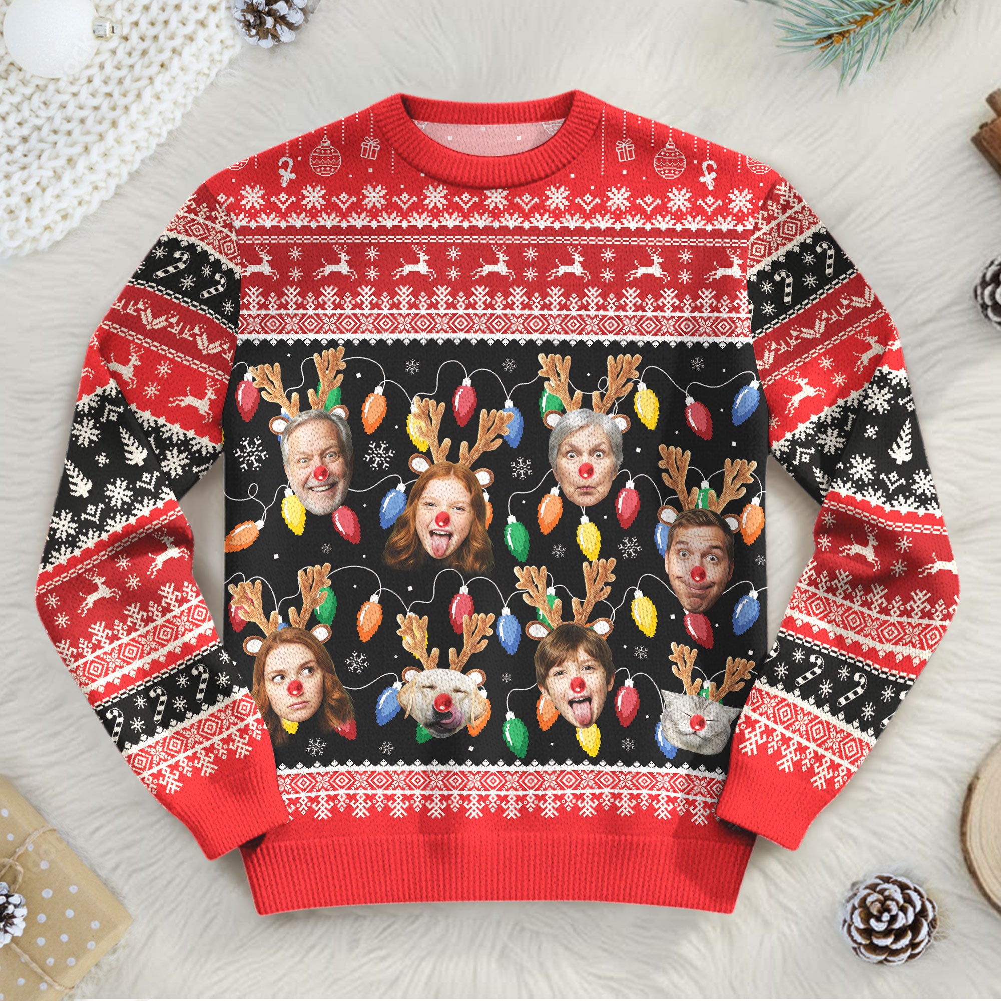 Custom Ugly Christmas Sweater – Personalized Photo Reindeer Lights Design for Family, Pets & Holiday Fun