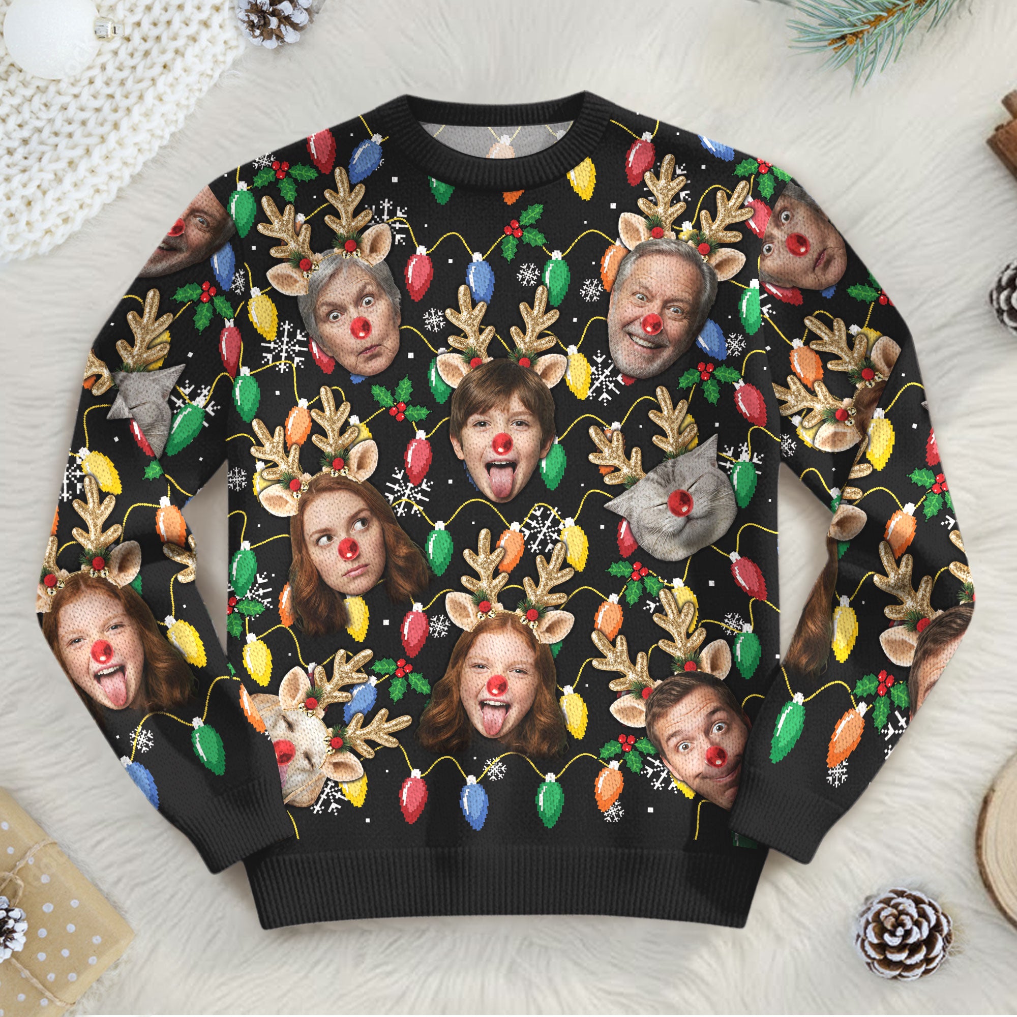 Custom Christmas Photo Sweatshirt with Lights & Snowflakes Pattern