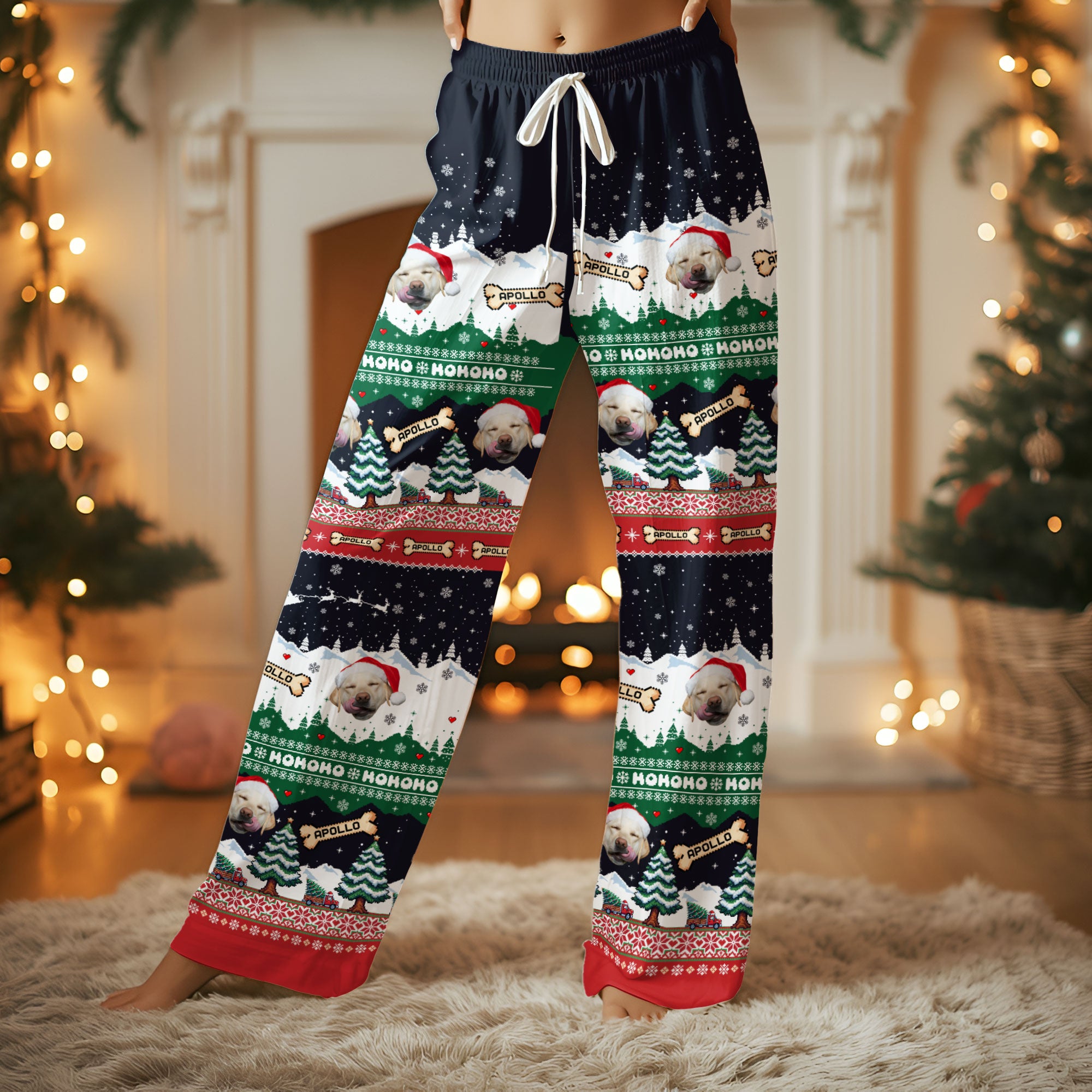 Custom Christmas Pet Photo Pajama Pants – Personalized Dog Name Holiday Pattern Sleepwear