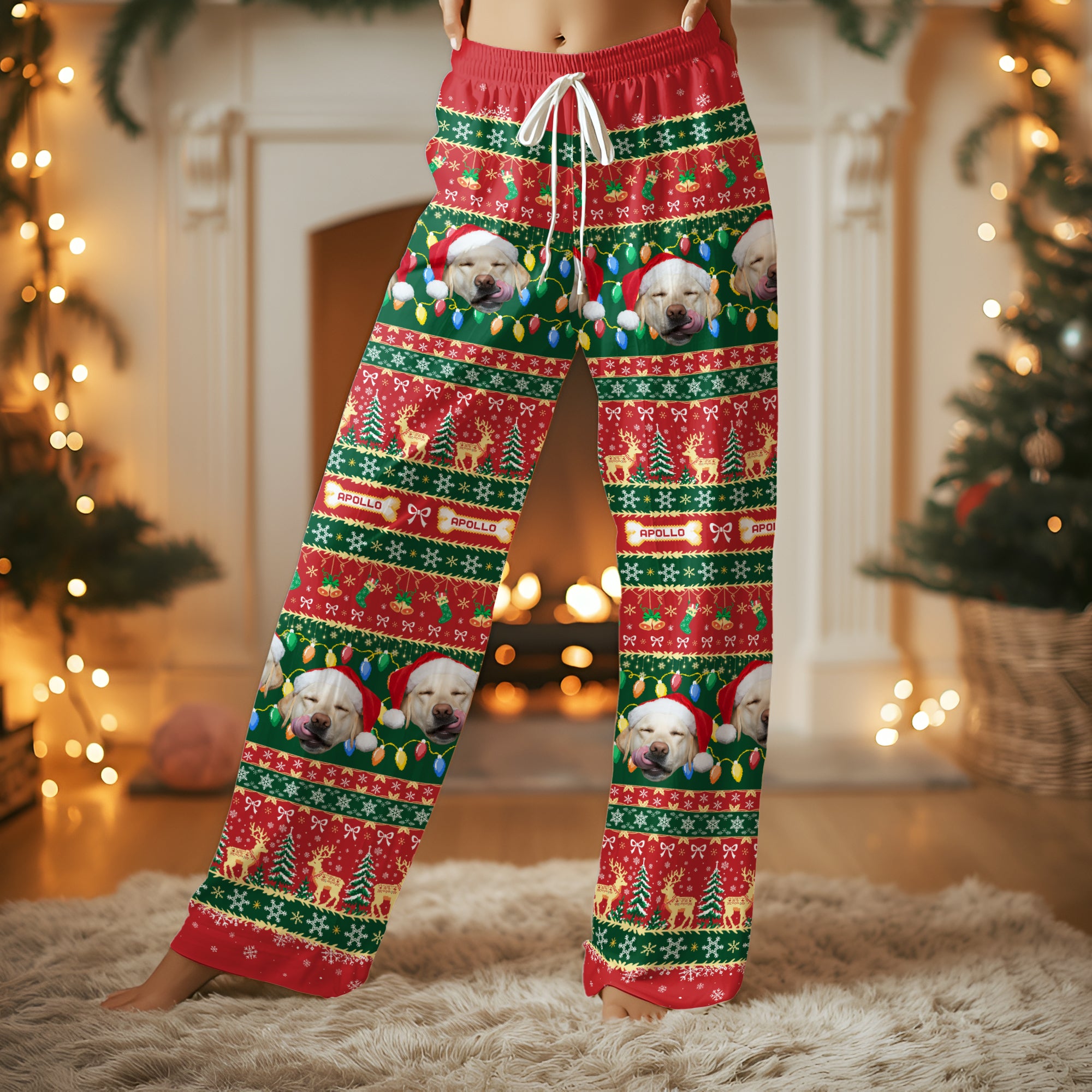 Custom Pet Christmas Lights Pajama Pants – Personalized Dog Photo & Name Holiday Lounge Bottoms